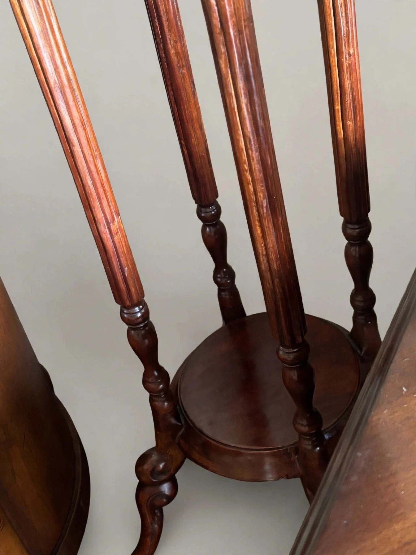 Victorian Mahogany Plant Stand, Turned Fluted Legs, Shelf - photo 5