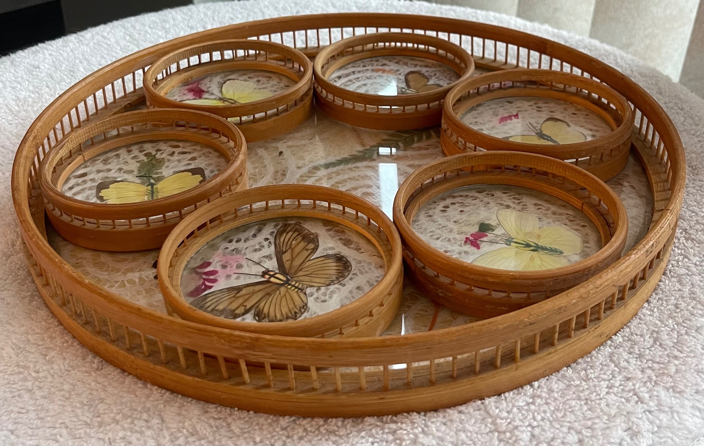 Vintage 1970s Real Butterfly Bamboo Tray & 6 Coasters