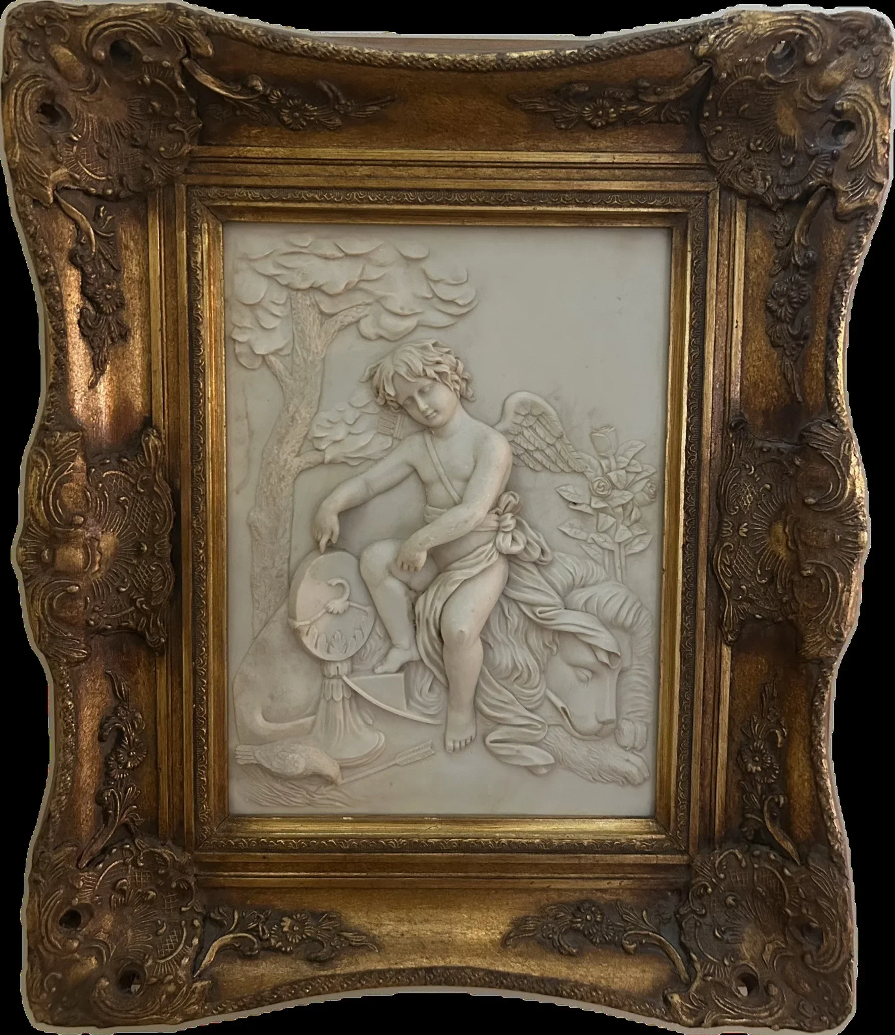 Cherub & Lion Bas Relief Plaque in Gilt Frame