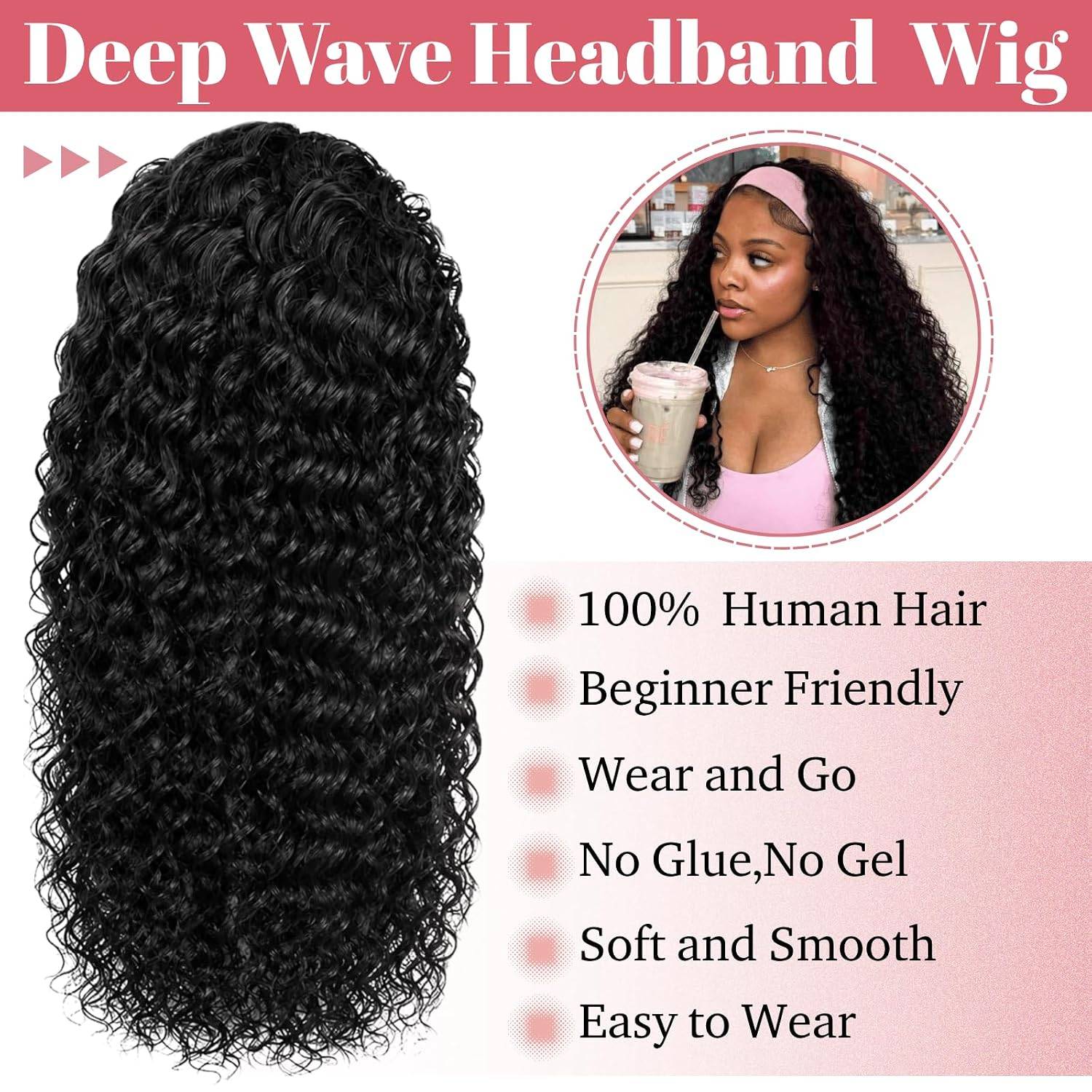 NEW~ 100% Human Hair Headband Wig – 22" Deep Wave - photo 3