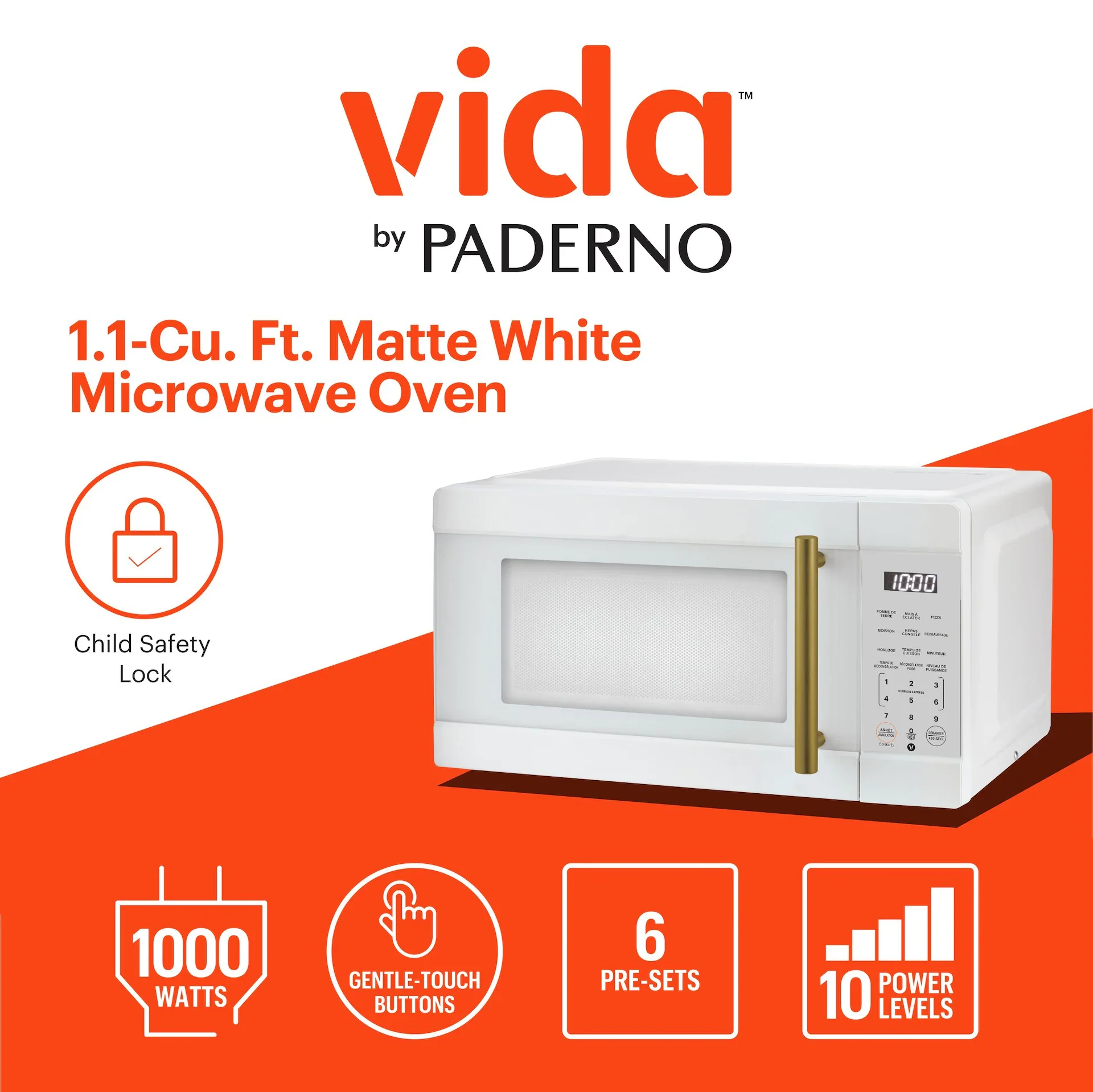 Vida Microwave, White/Gold, 1.1-cu-ft