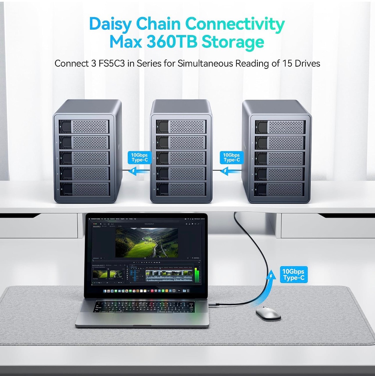 5 Bay Hard Drive Enclosure 10Gbps Type-C External 360TB Support - photo 3