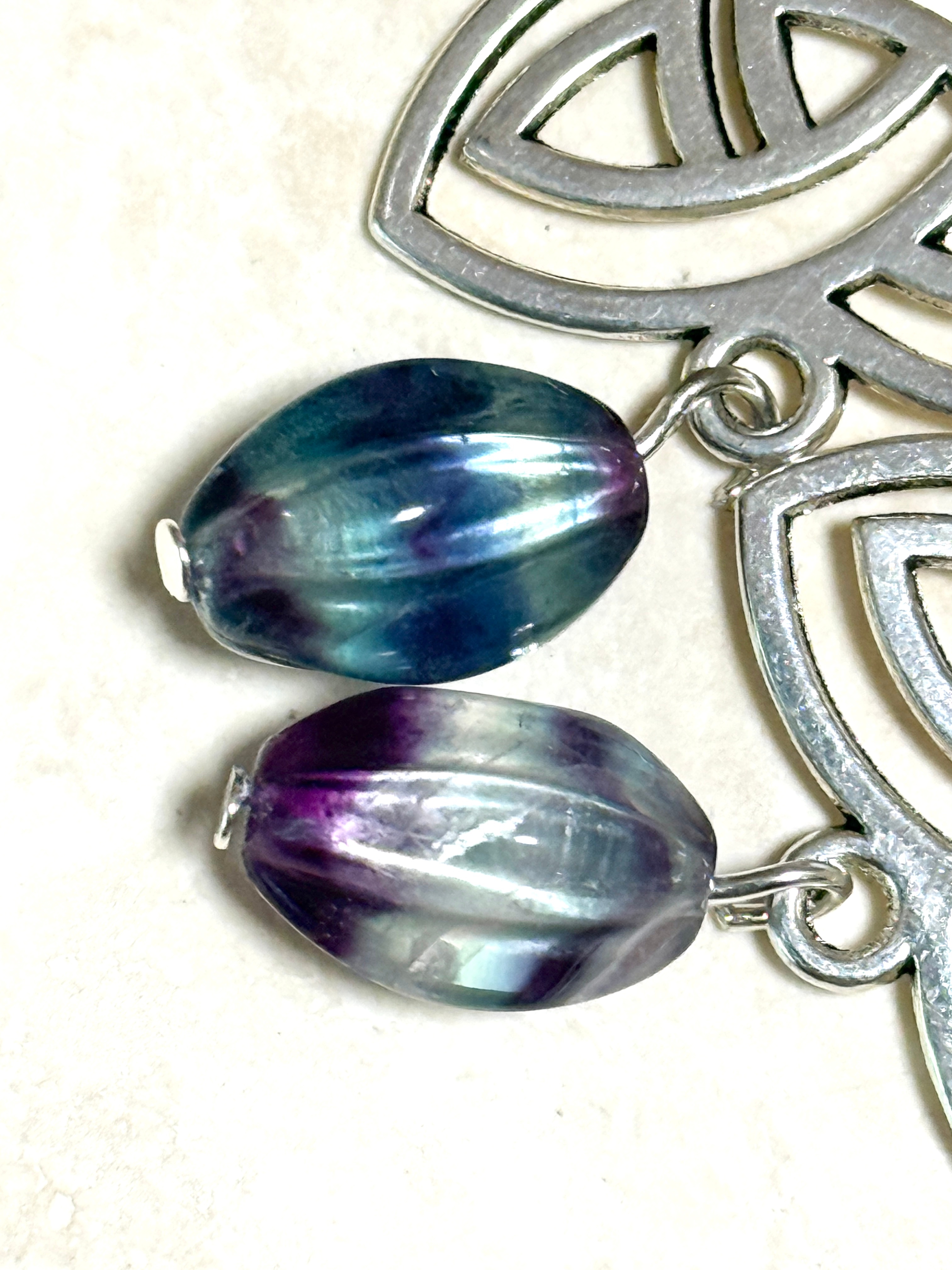 Rainbow Fluorite Triqueta Earrings, Sterling Silver Hooks - photo 3