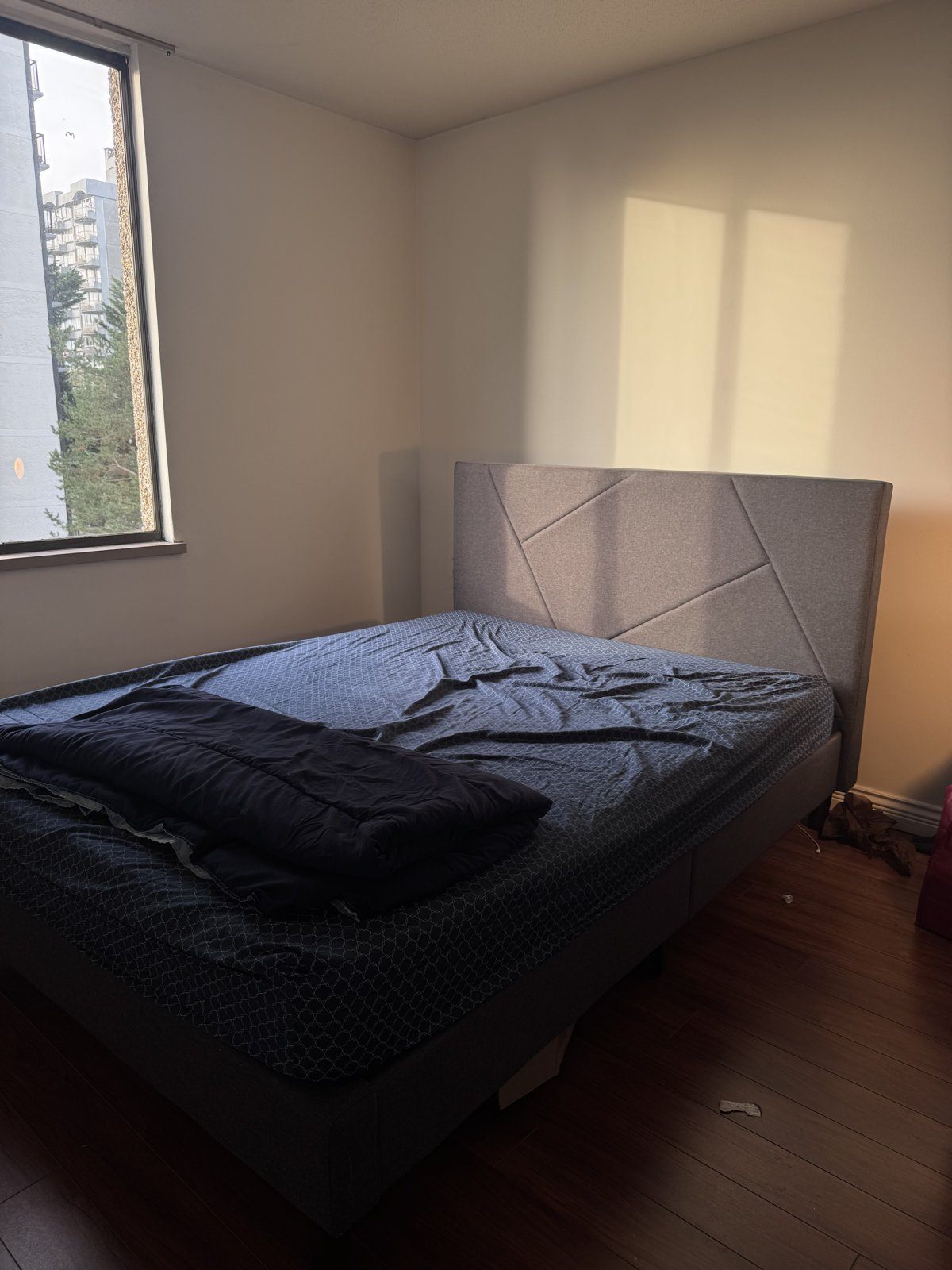 Queen Bed Frame with Upholstered Headboard, Grey