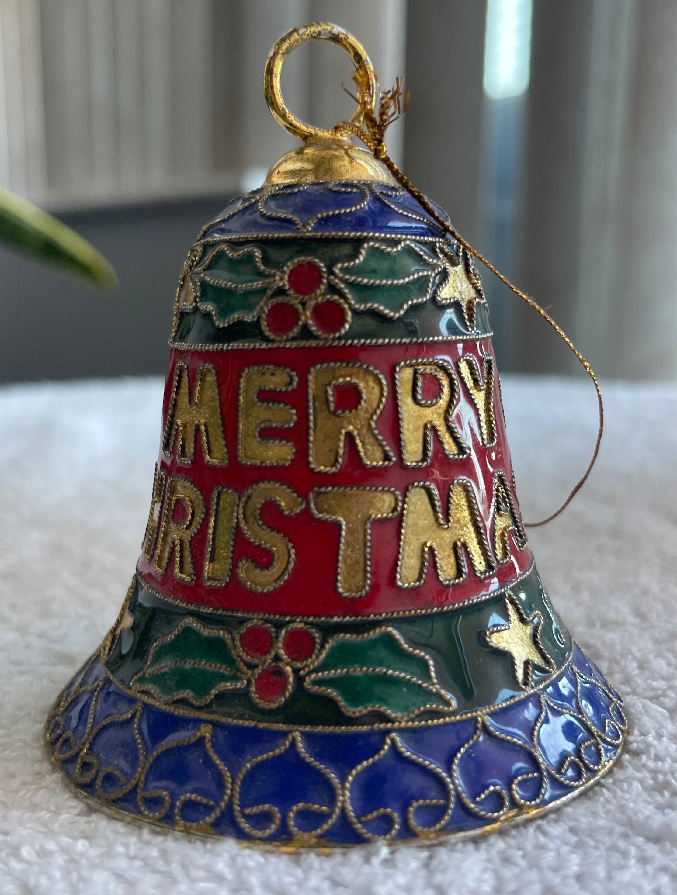 Vintage 3.5" Brass Cloisonné Christmas Bell Ornament