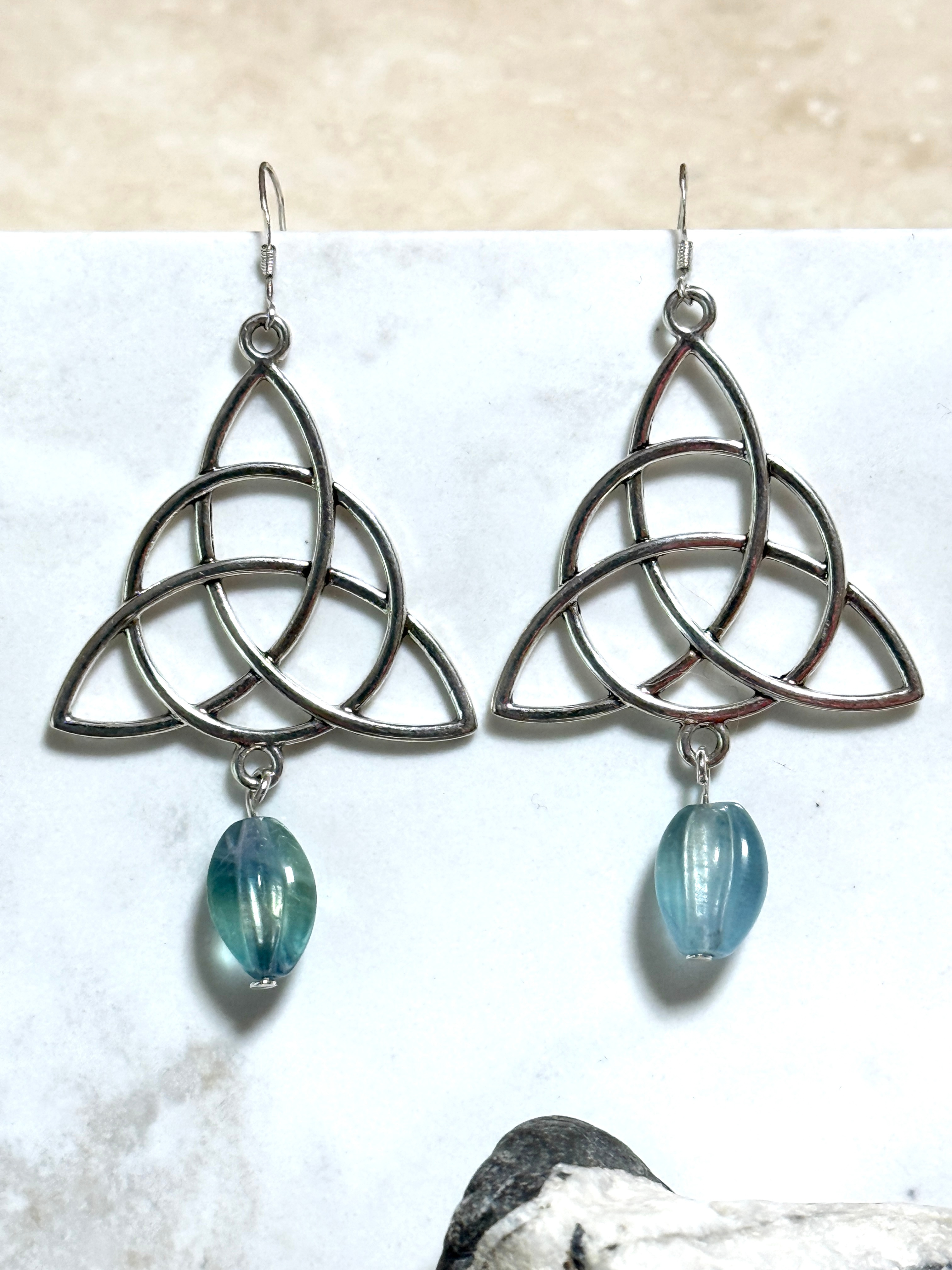 Teal Fluorite Celtic Trinity Earrings, Sterling Silver Hooks