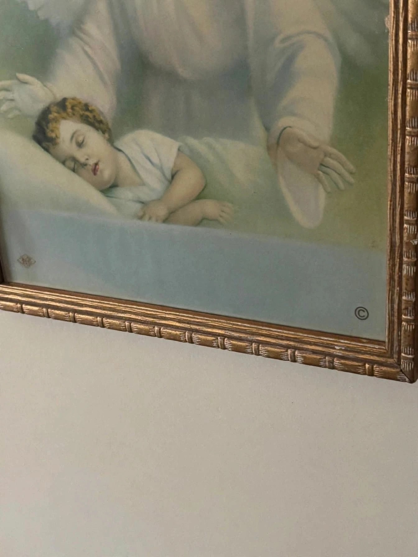 Vintage Guardian Angel Watching Sleeping Child Framed Print - photo 3