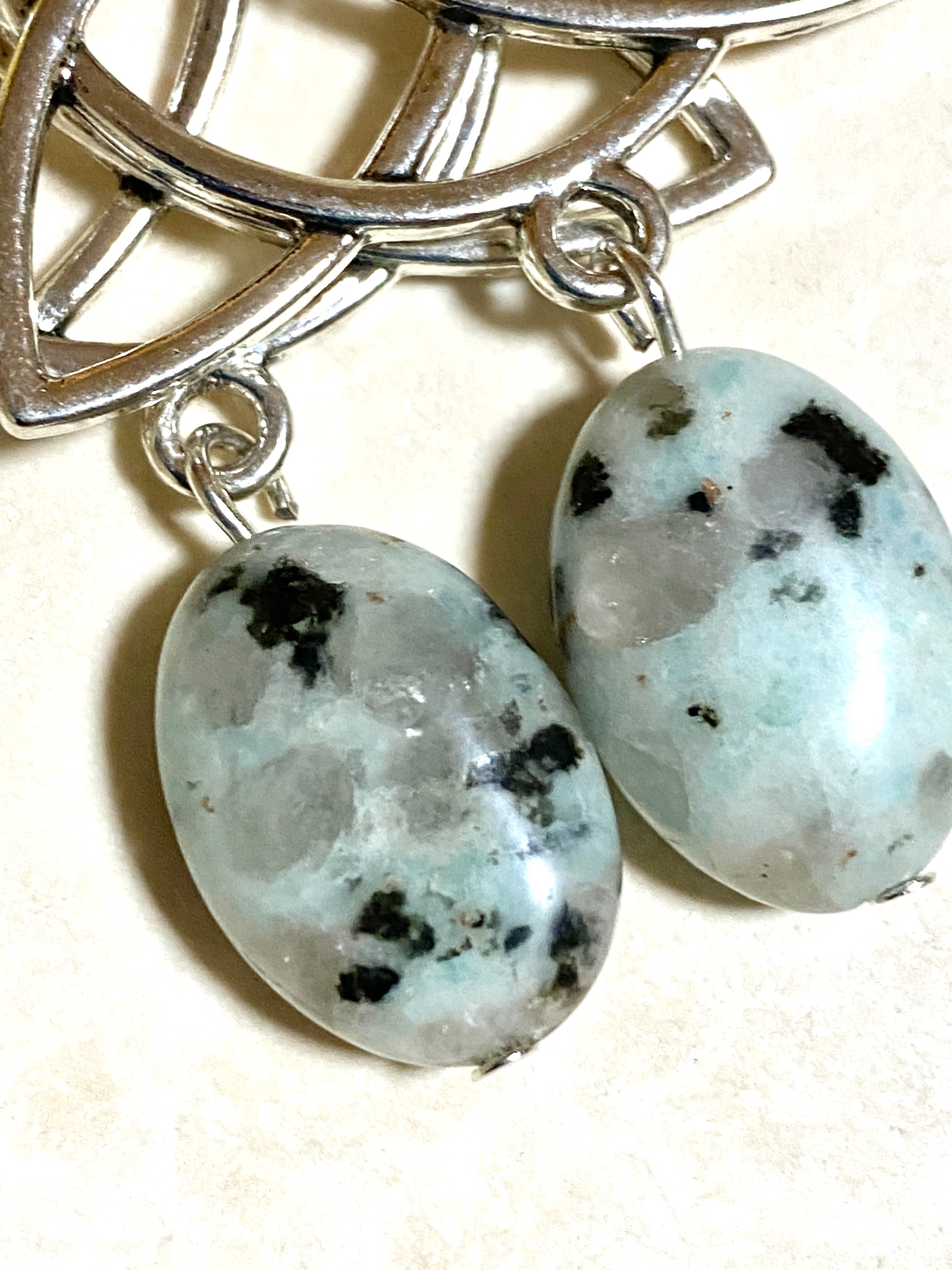 Light Teal Kiwi Jasper Celtic Trinity Earrings,925 Silver Hook - photo 3