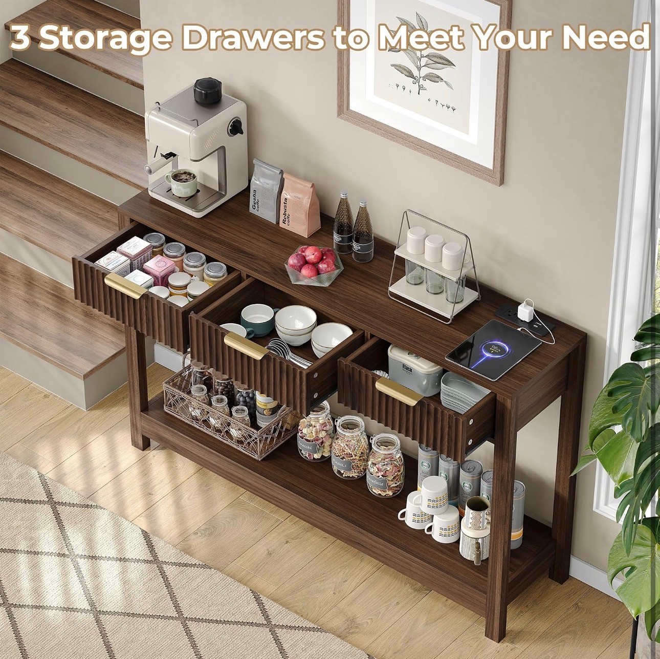 SEALED: Wood Table 3 Drawers Curved Profile Storage Shelves - photo 4