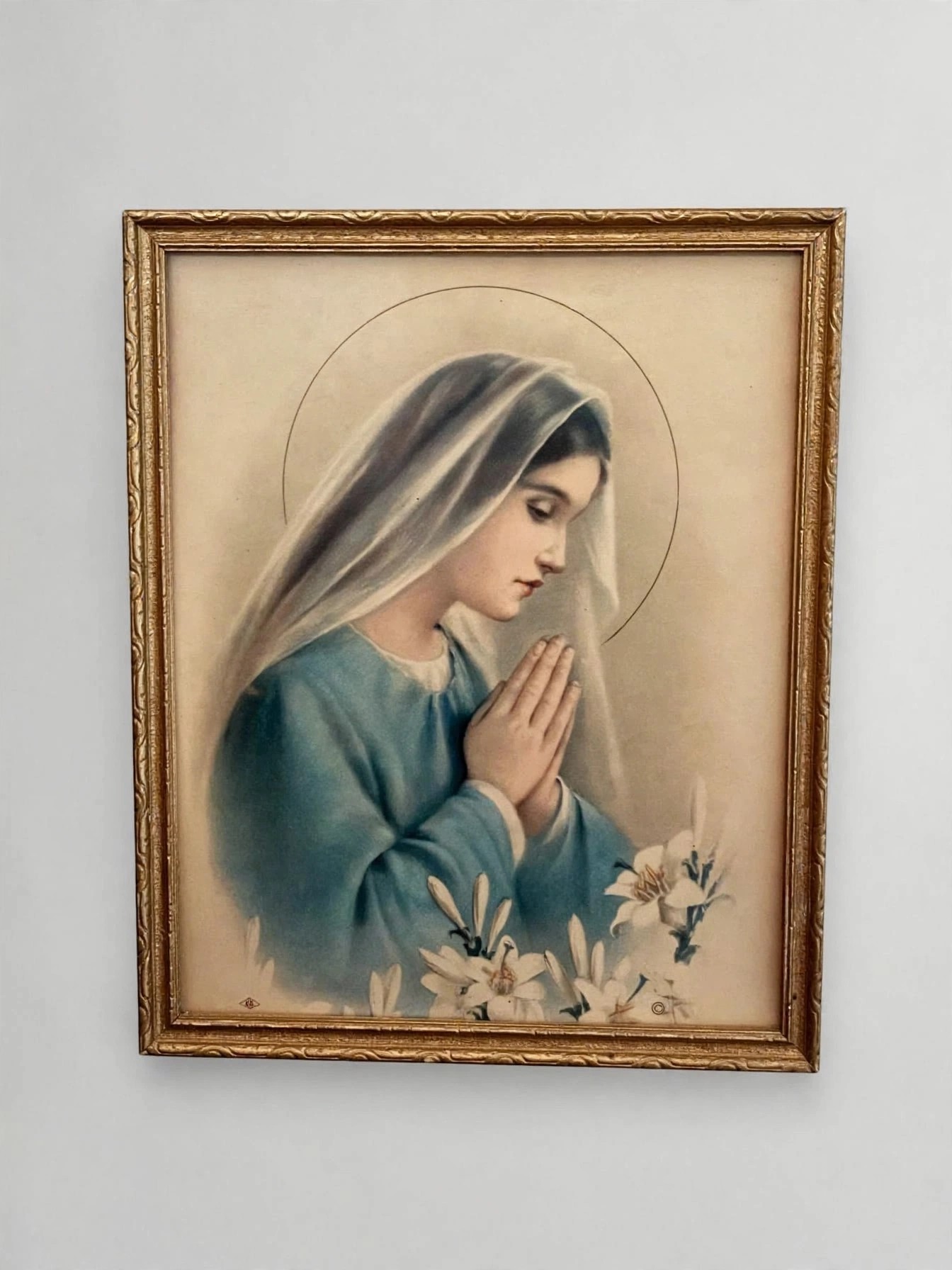 Vintage Blessed Virgin Mary Framed Art Print Gold Ornate Frame - photo 3