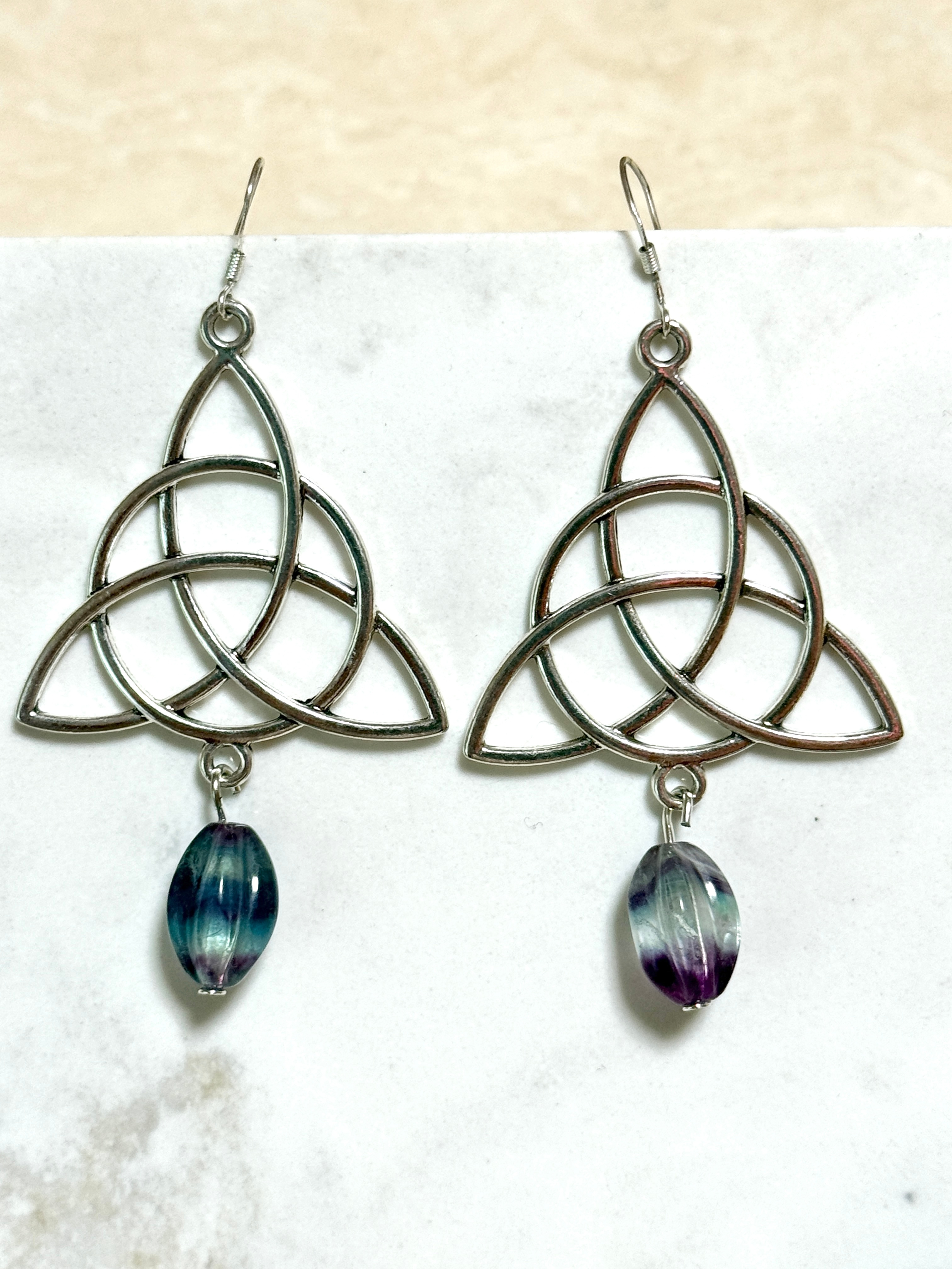 Rainbow Fluorite Celtic Trinity Earrings, 925 Silver Hooks