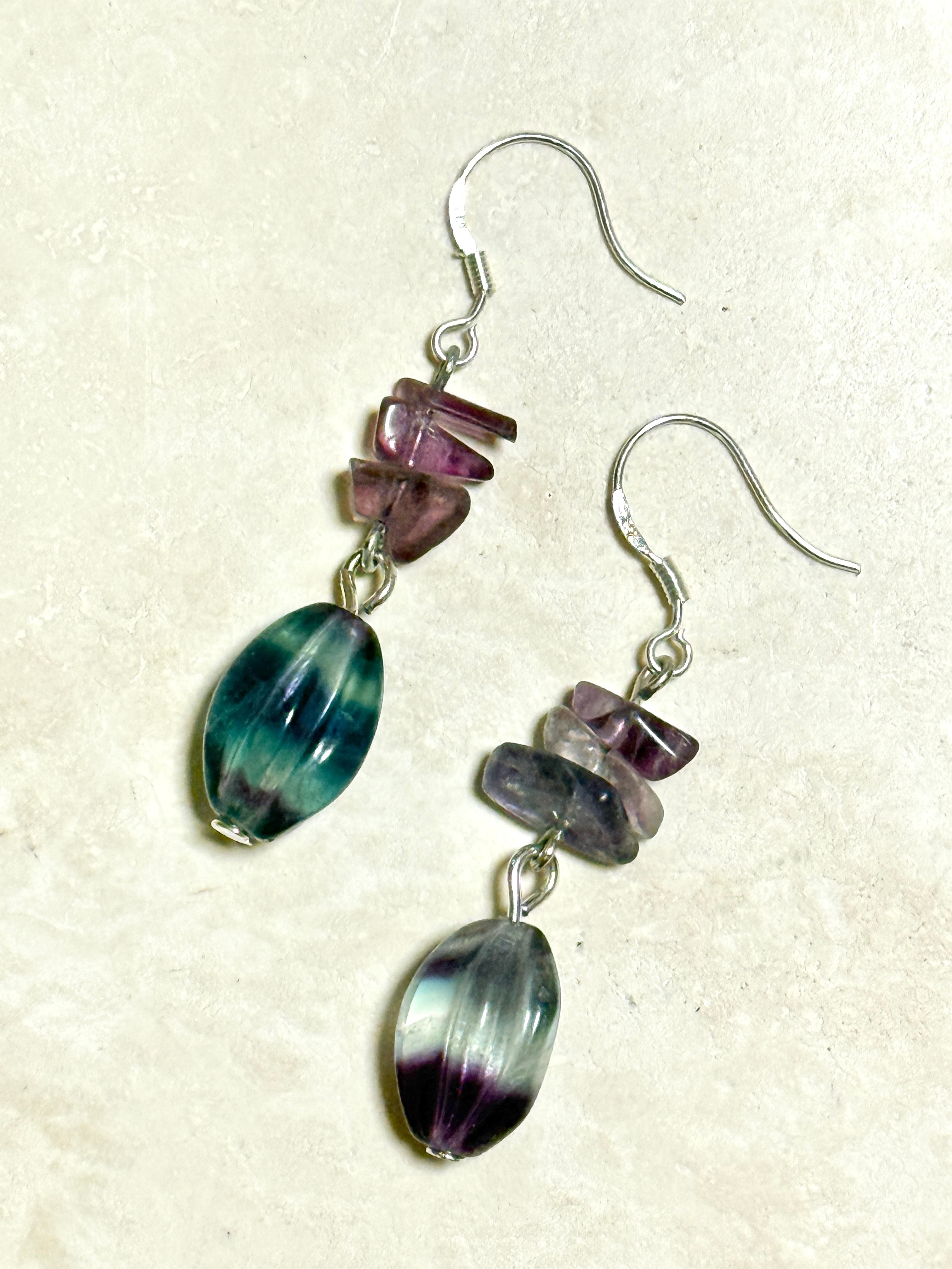 Natural Rainbow Fluorite Earrings, Sterling Silver Hook - photo 2