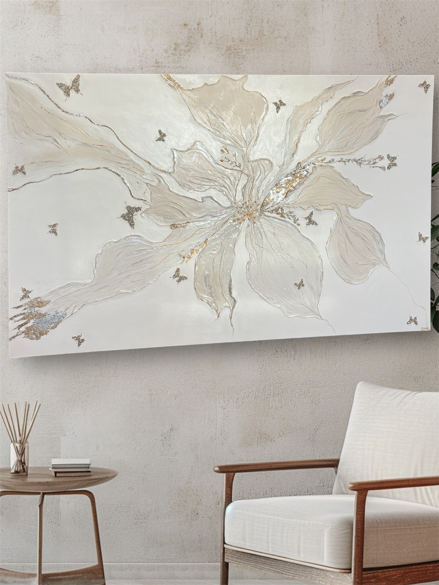 Large butterfly and floral artwork with crushed glass, stones - photo 5