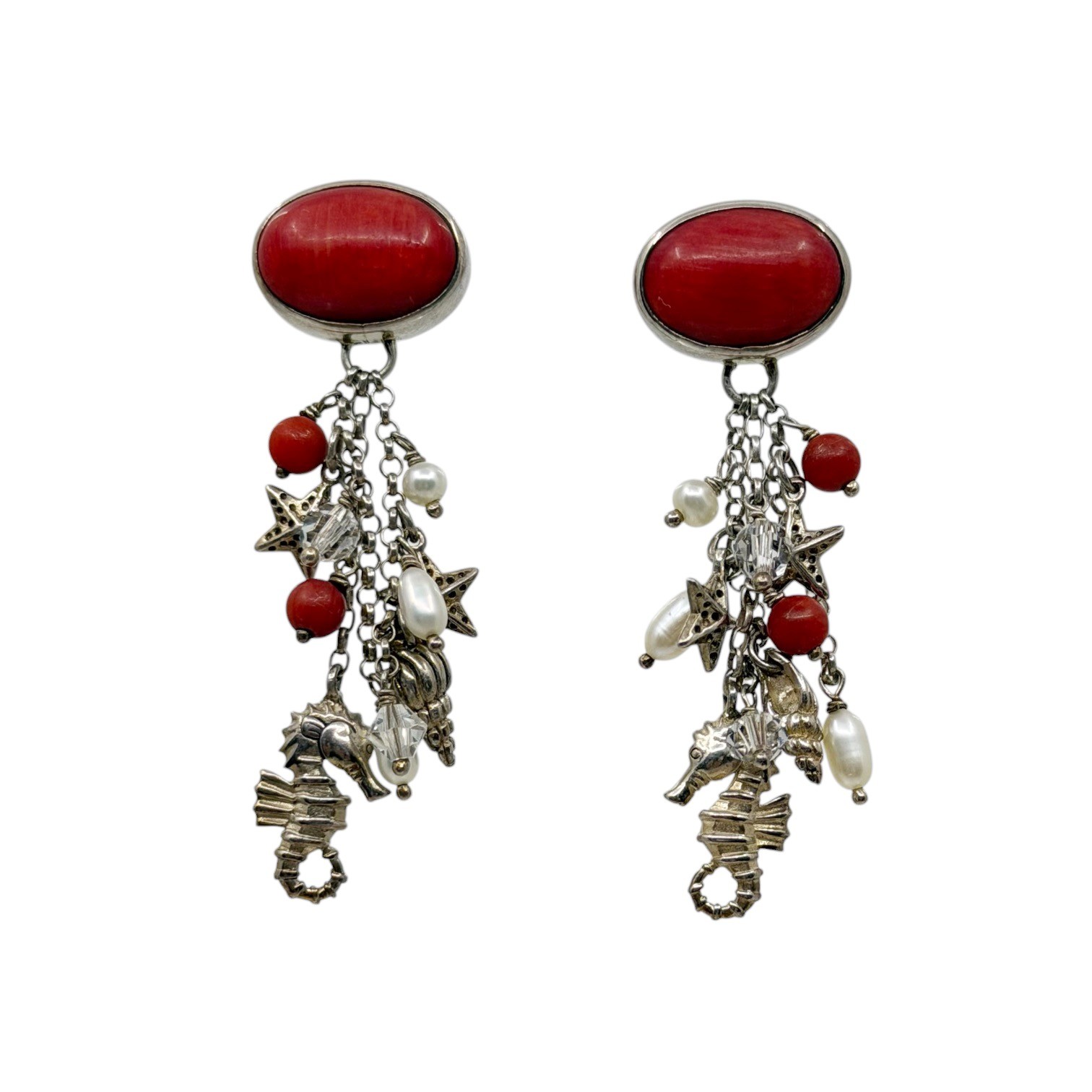 sterling silver coral pearl & crystal sea life drop earrings - photo 2