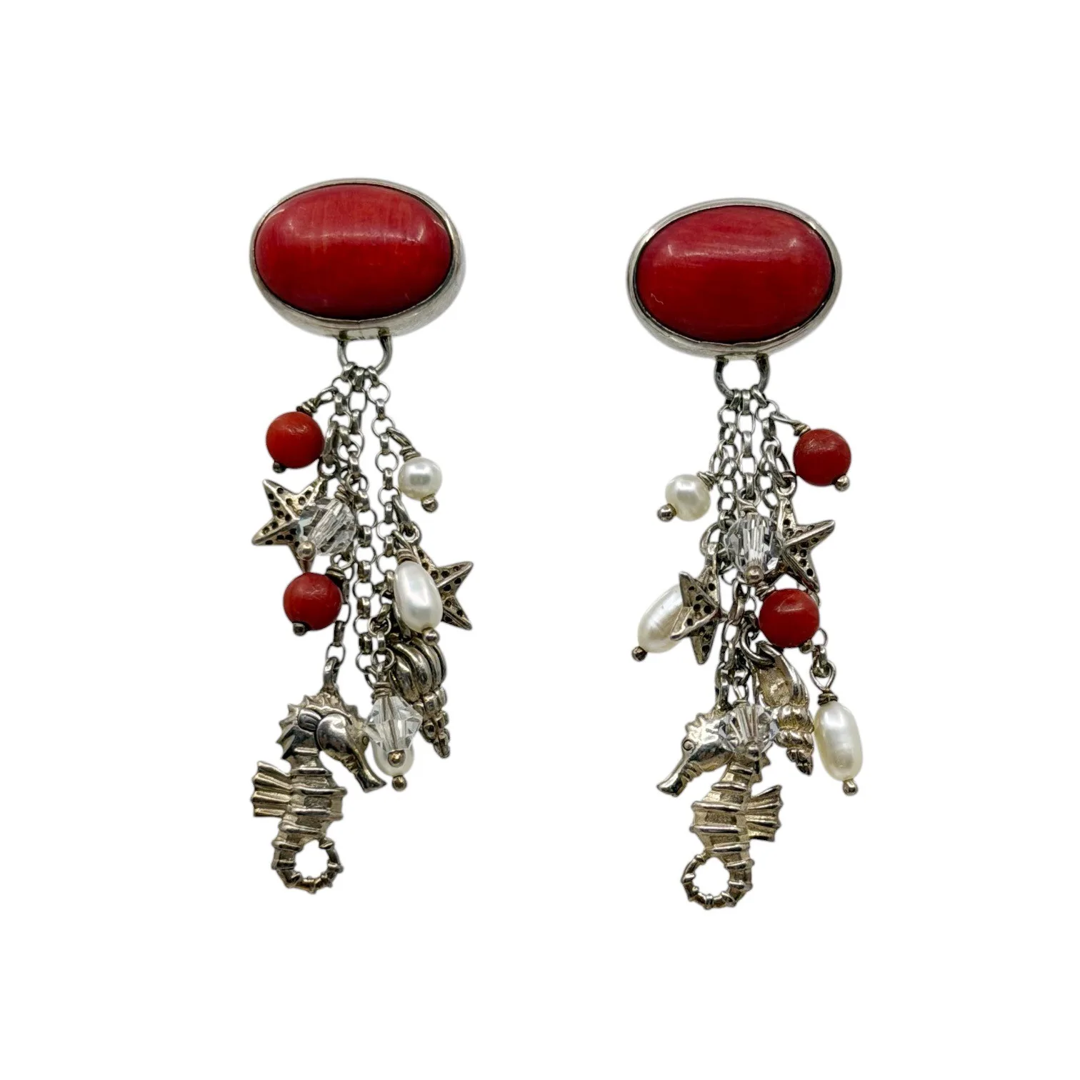 sterling silver coral pearl & crystal sea life drop earrings - photo 2