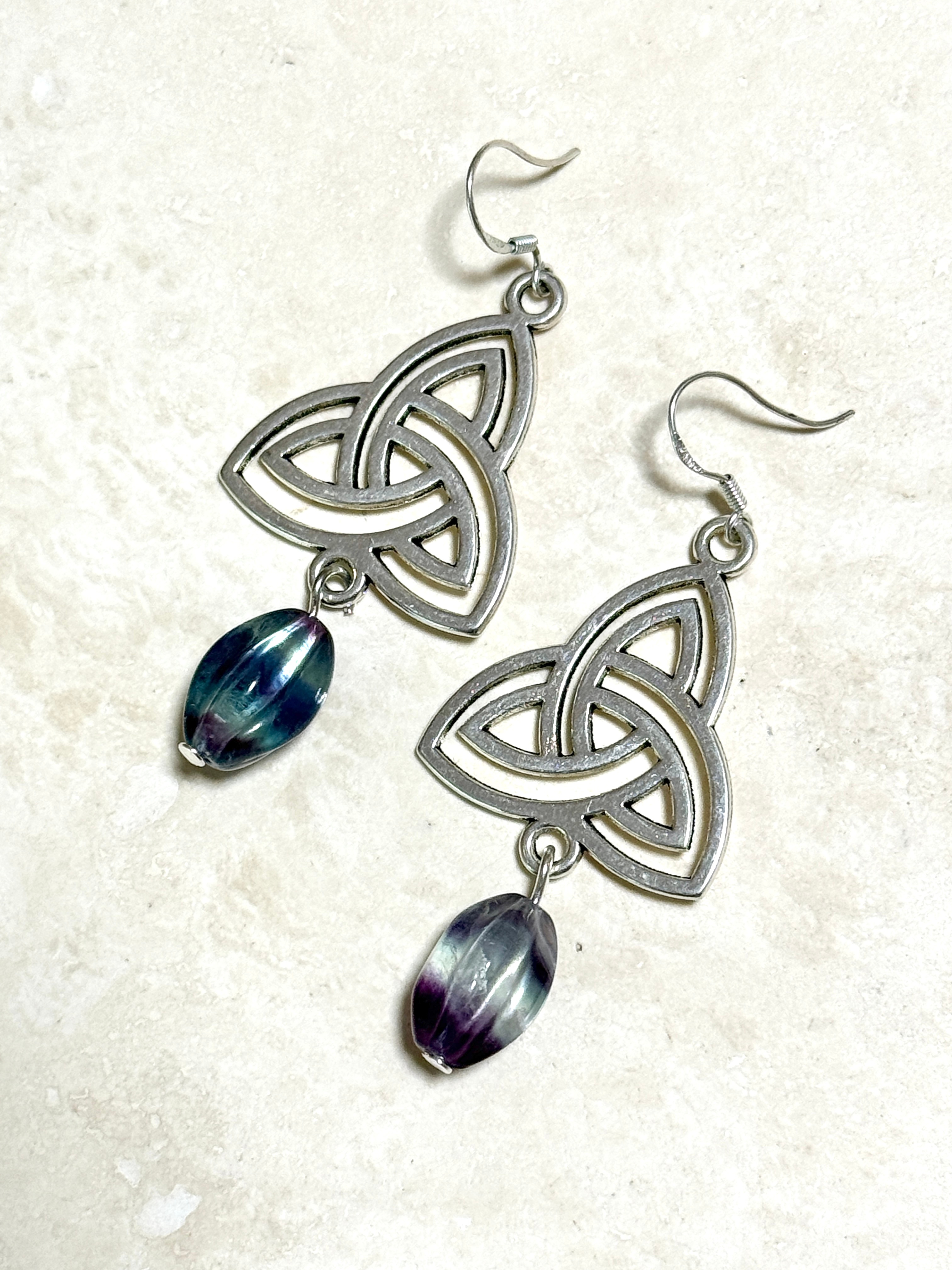Rainbow Fluorite Triqueta Earrings, Sterling Silver Hooks - photo 2