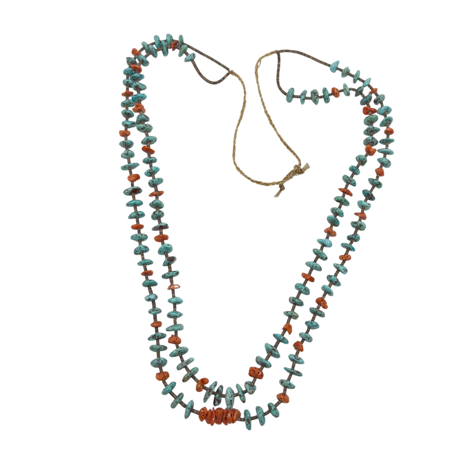Old Navajo Turquoise Coral Heishi shell bead necklace - photo 4