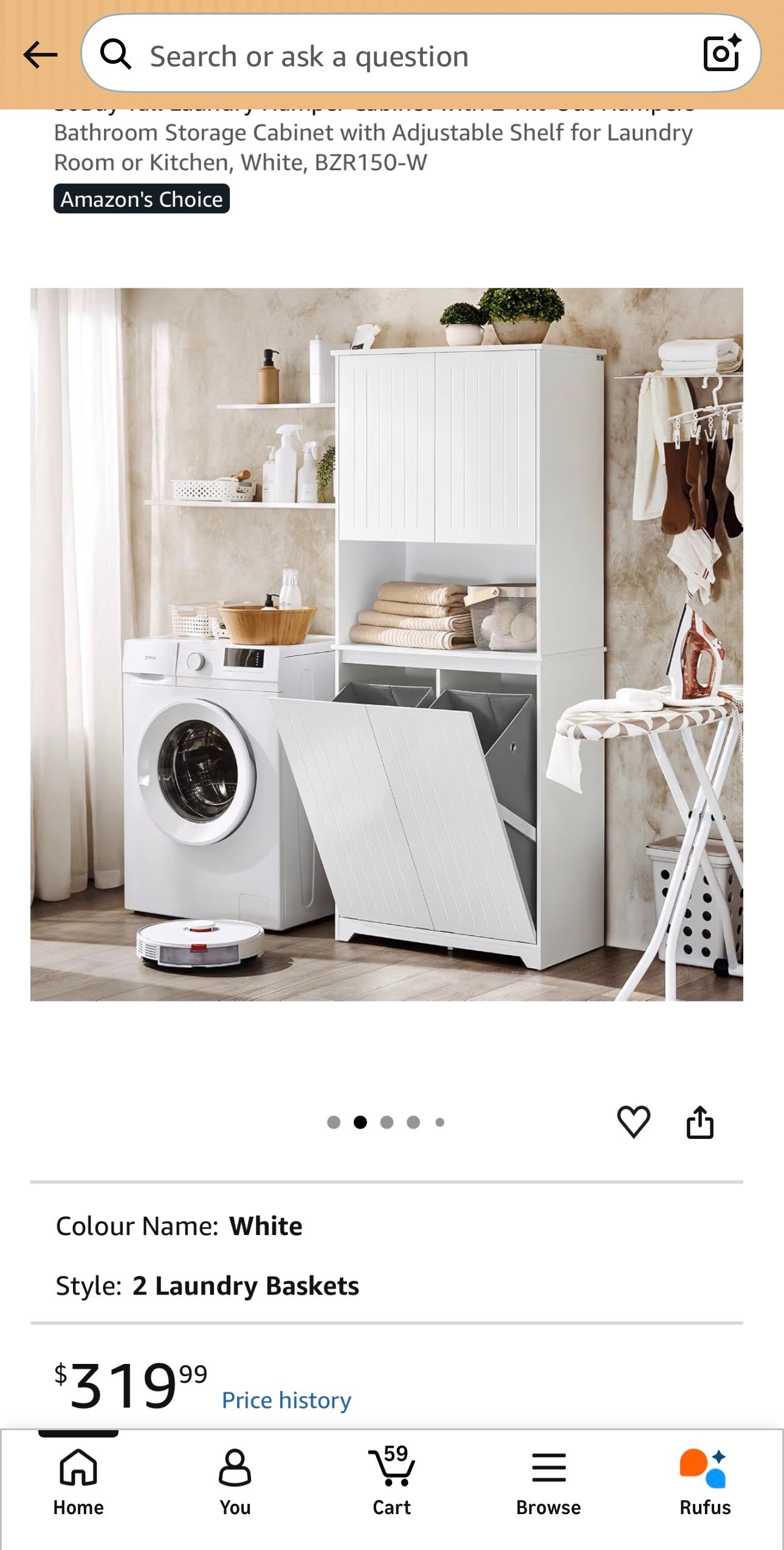 Tall Laundry Cabinet 2 Tilt-Out Hampers Adjustable Shelf