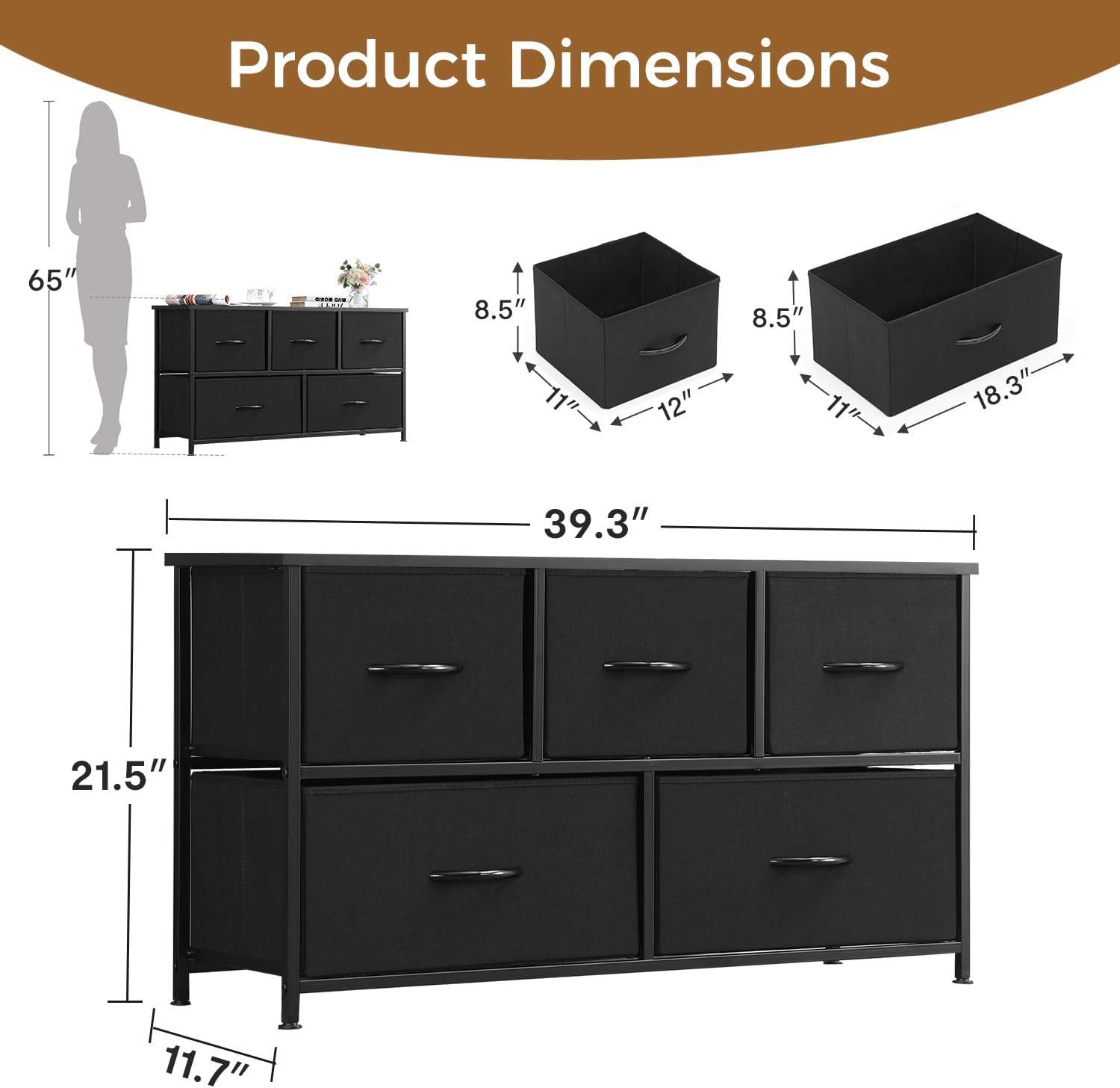 5‐Drawer Fabric Storage Organizer (Black Fabric + Wooden Top) - photo 5
