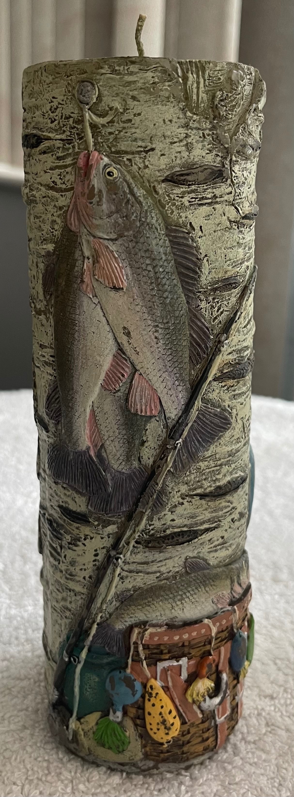 Vintage Rustic Fishing Birch Bark Pillar Candle