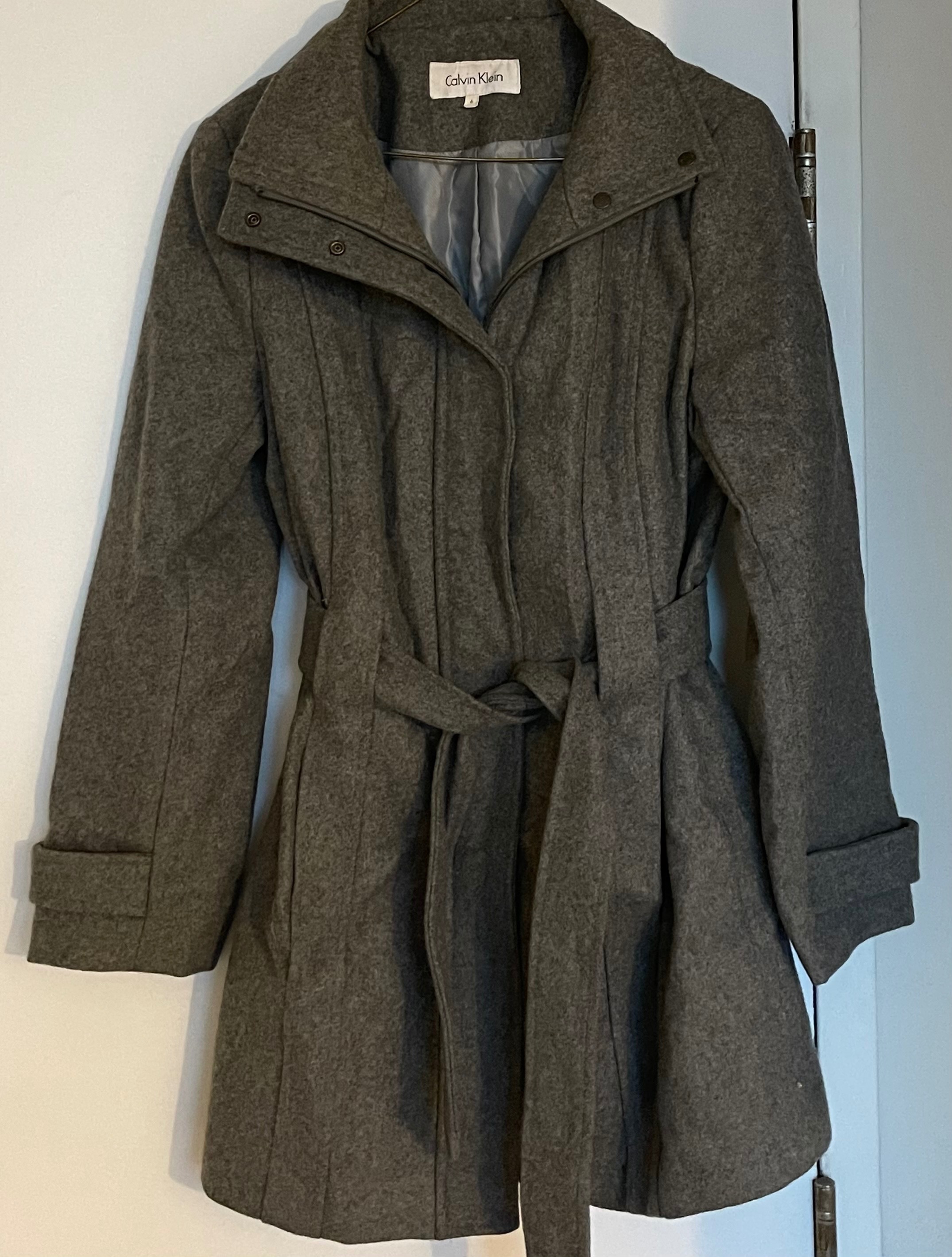Calvin Klein Grey Wool Belted Coat (Size 6)