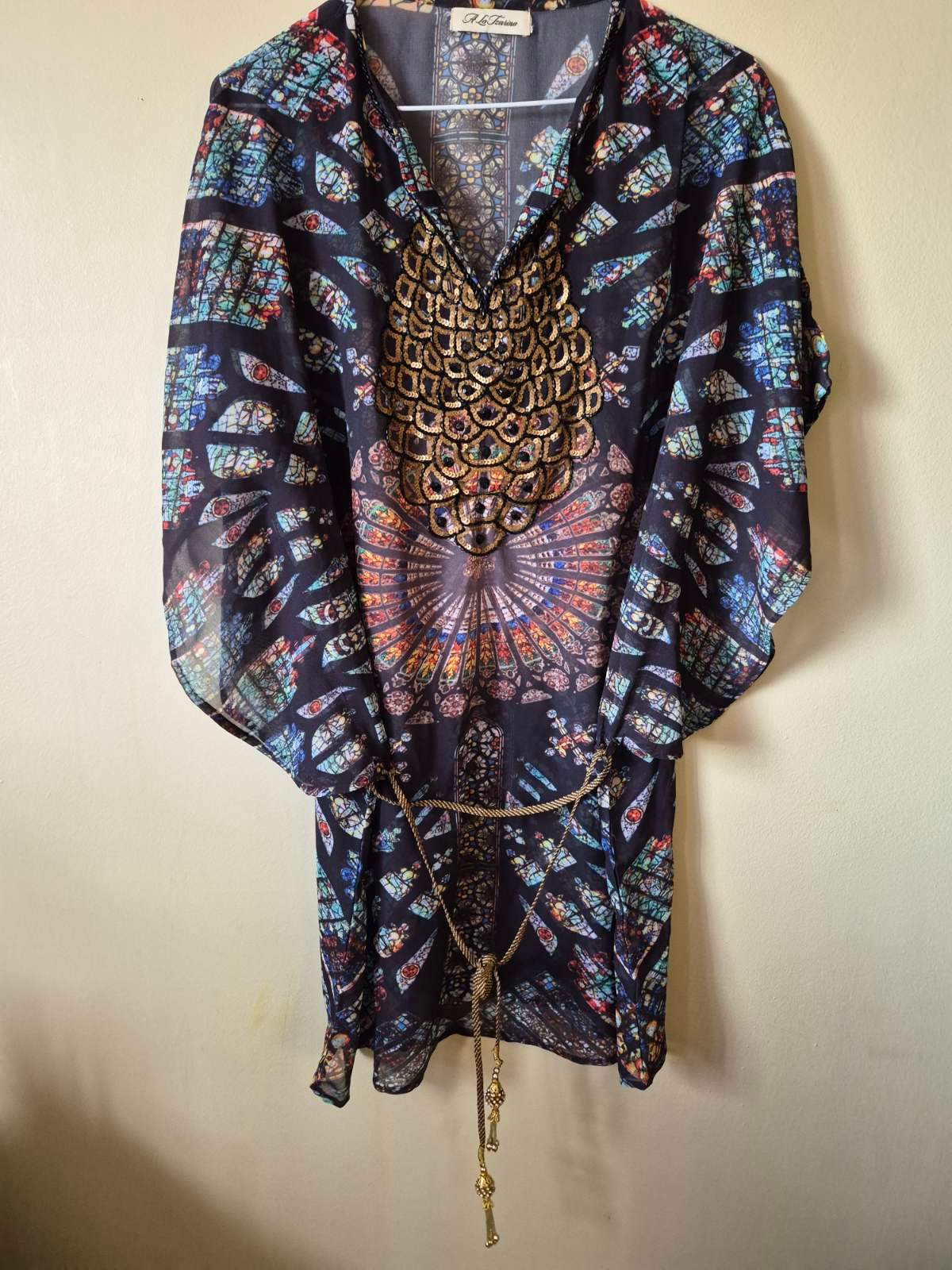 Boho Stained Glass Print Sequin Embellished Kaftan Cover Belted