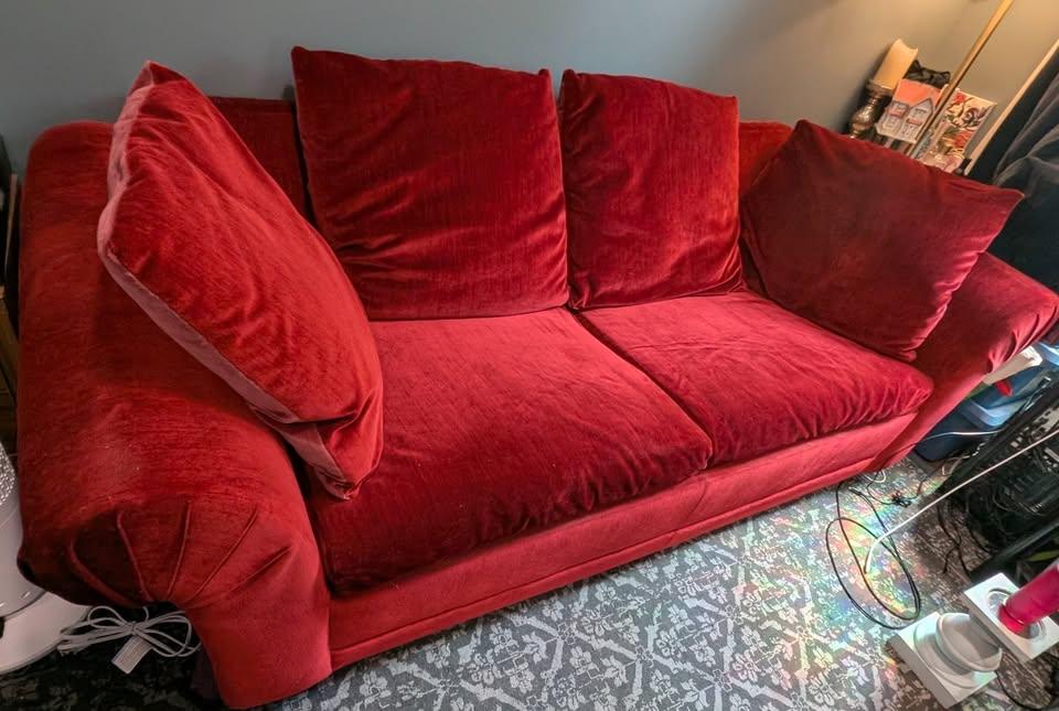 Vintage red velvet convertible couch (full size bed)