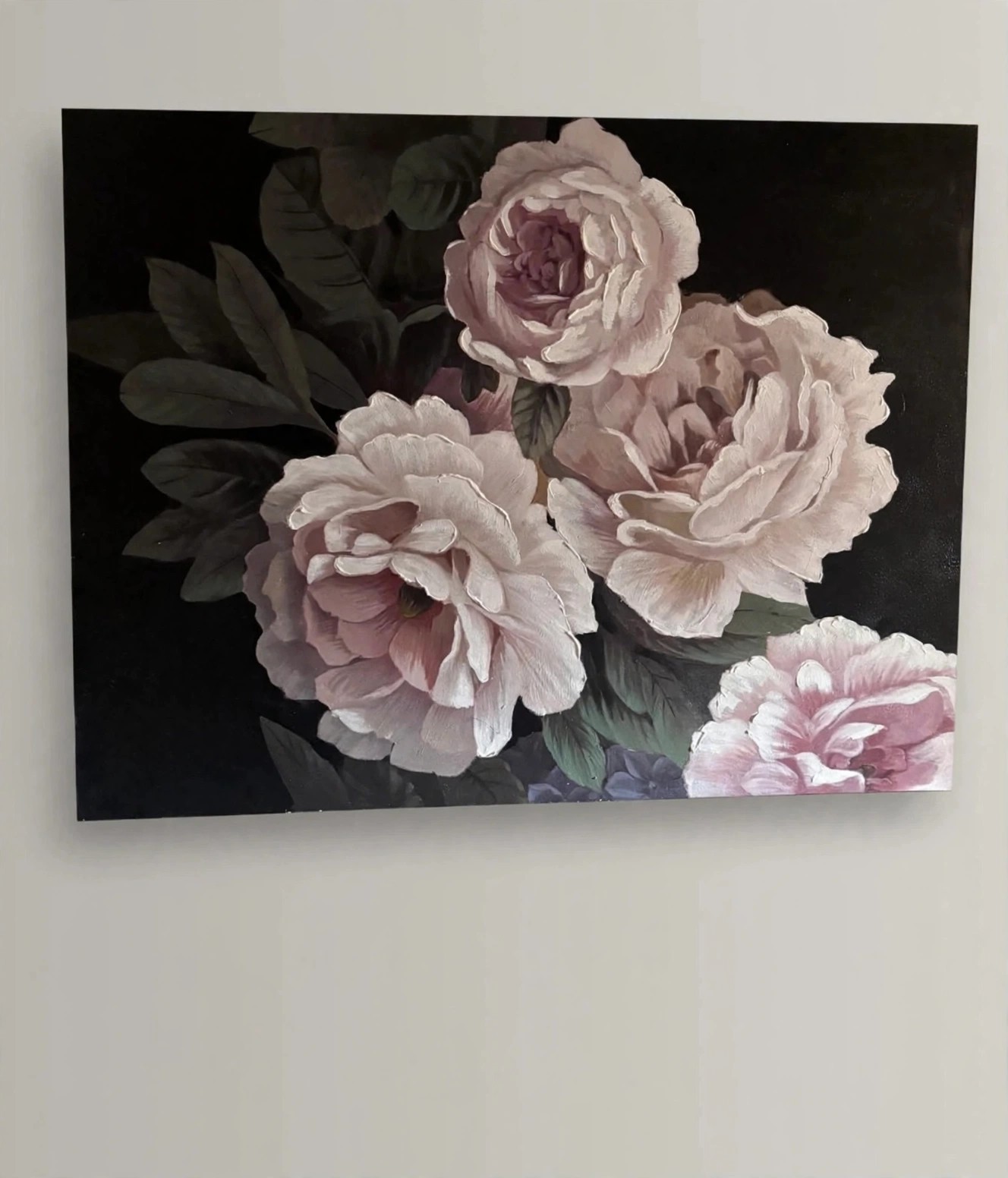 Hand-Painted Floral Oil Canvas 36x48 White Roses Black - photo 2