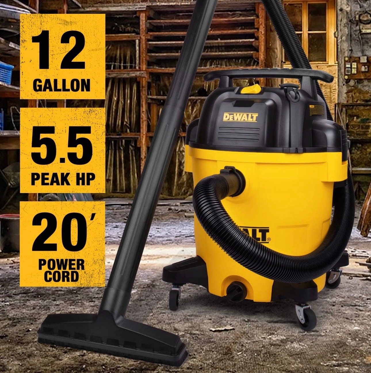 DEWALT 12 Gallon Poly Wet/Dry Vacuum 5.5 HP Large Pick-Up Capaci