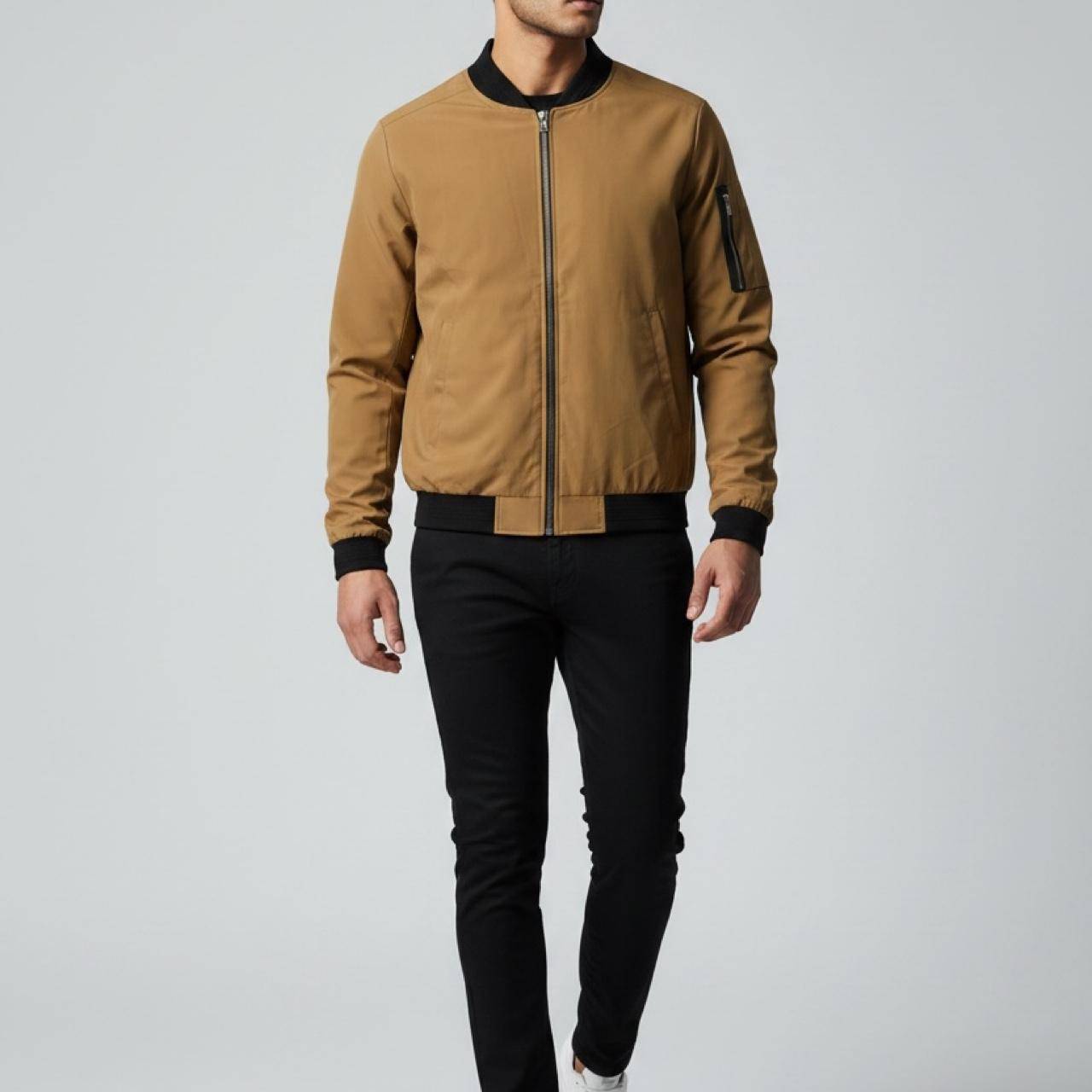 Tan Bomber Jacket Black Trim – Size L – Brand New, Unisex - photo 2