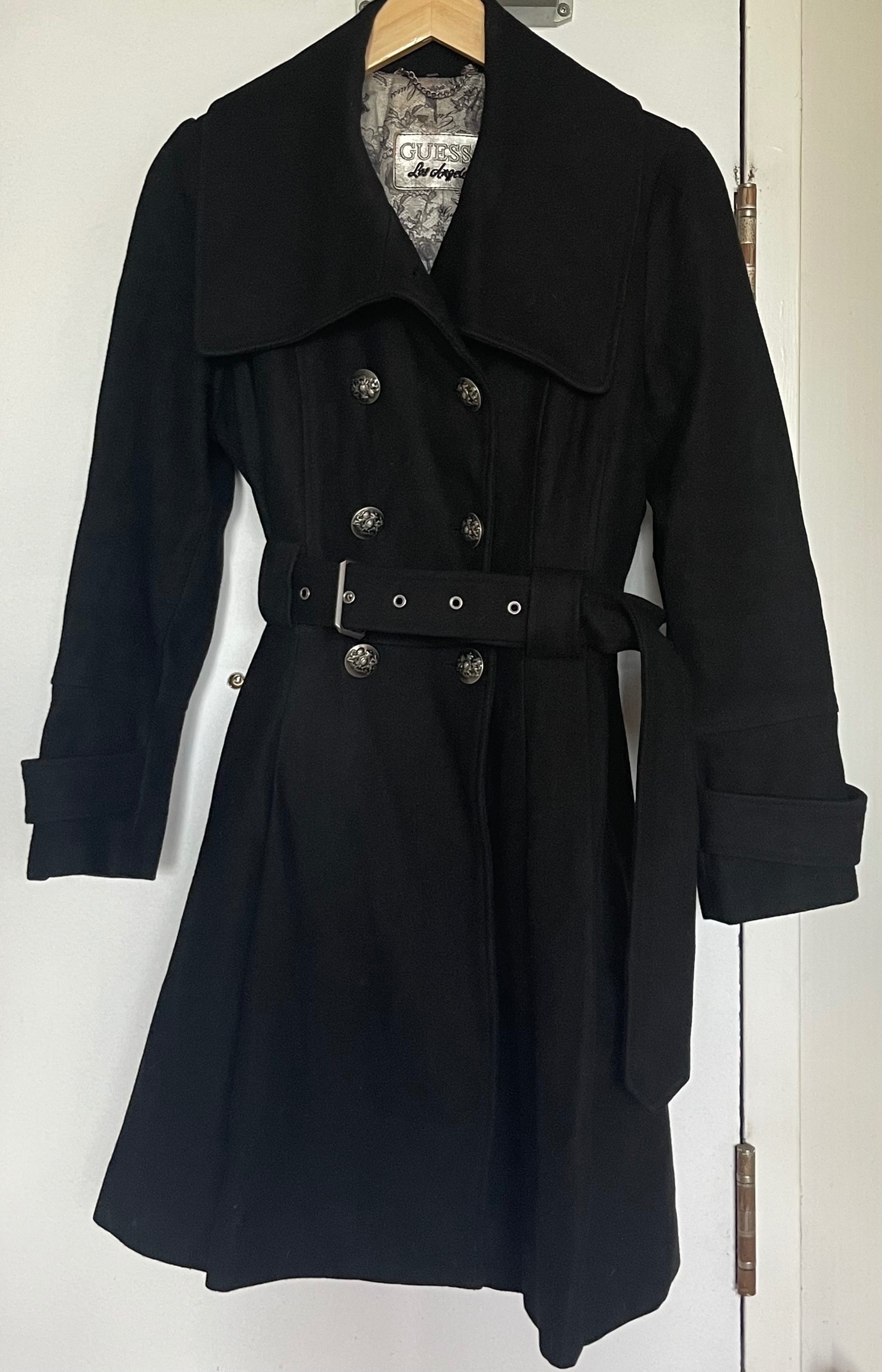 GUESS Black Wool-Blend Belted Trench Coat (Small)