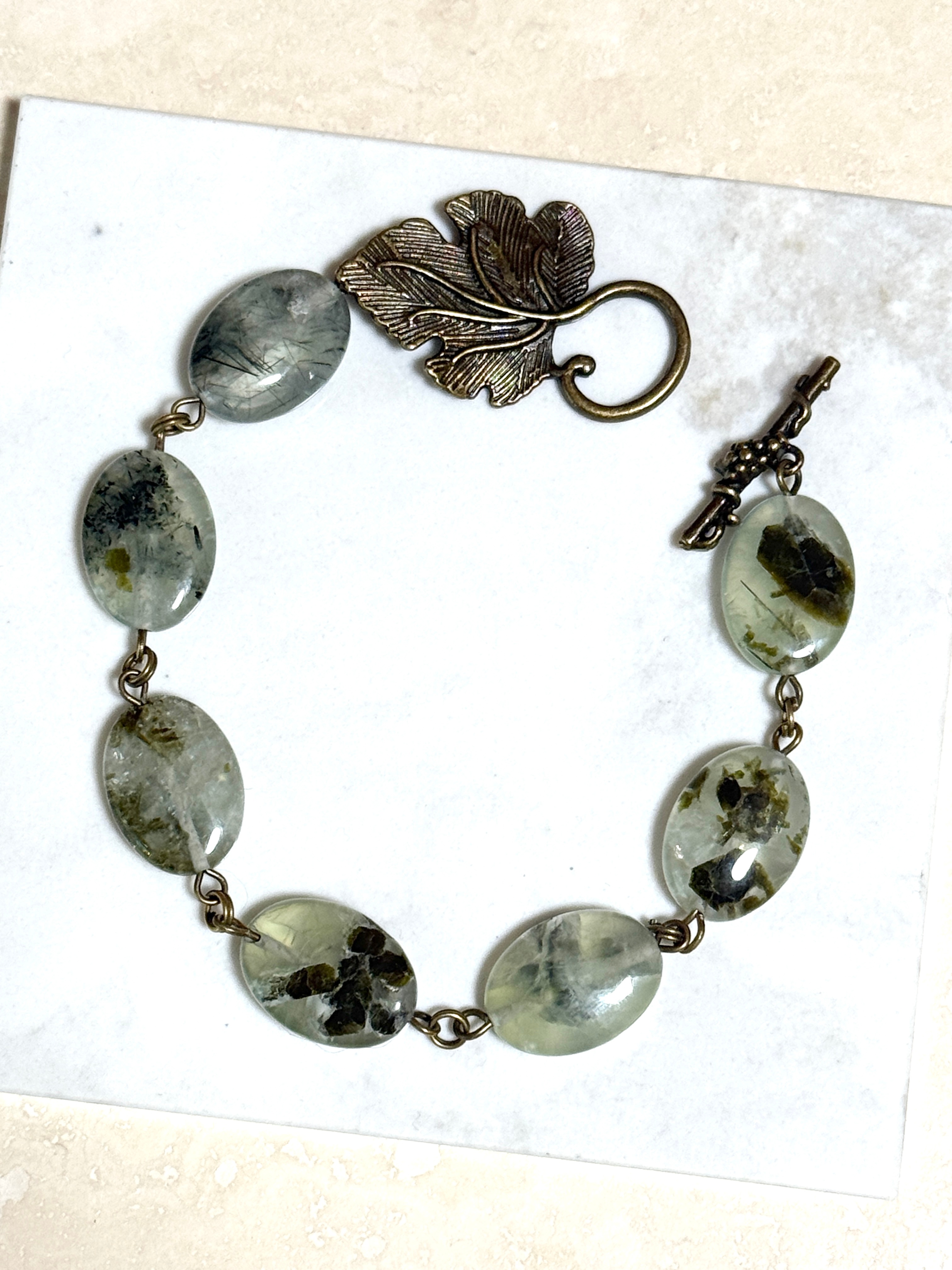 Green Prehnite Bracelet, Bronze Grape Leaf Toggle - photo 2