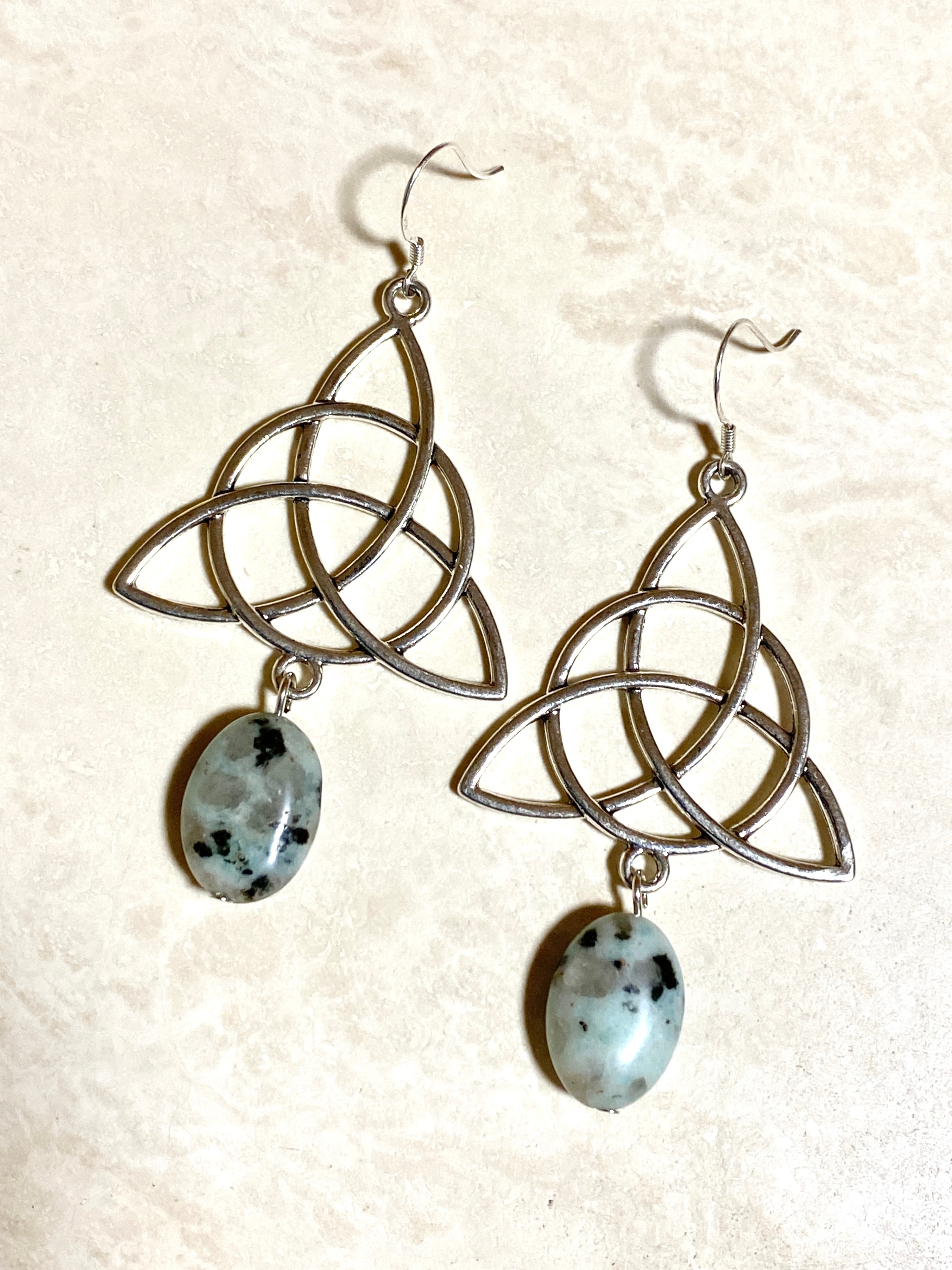 Light Teal Kiwi Jasper Celtic Trinity Earrings,925 Silver Hook