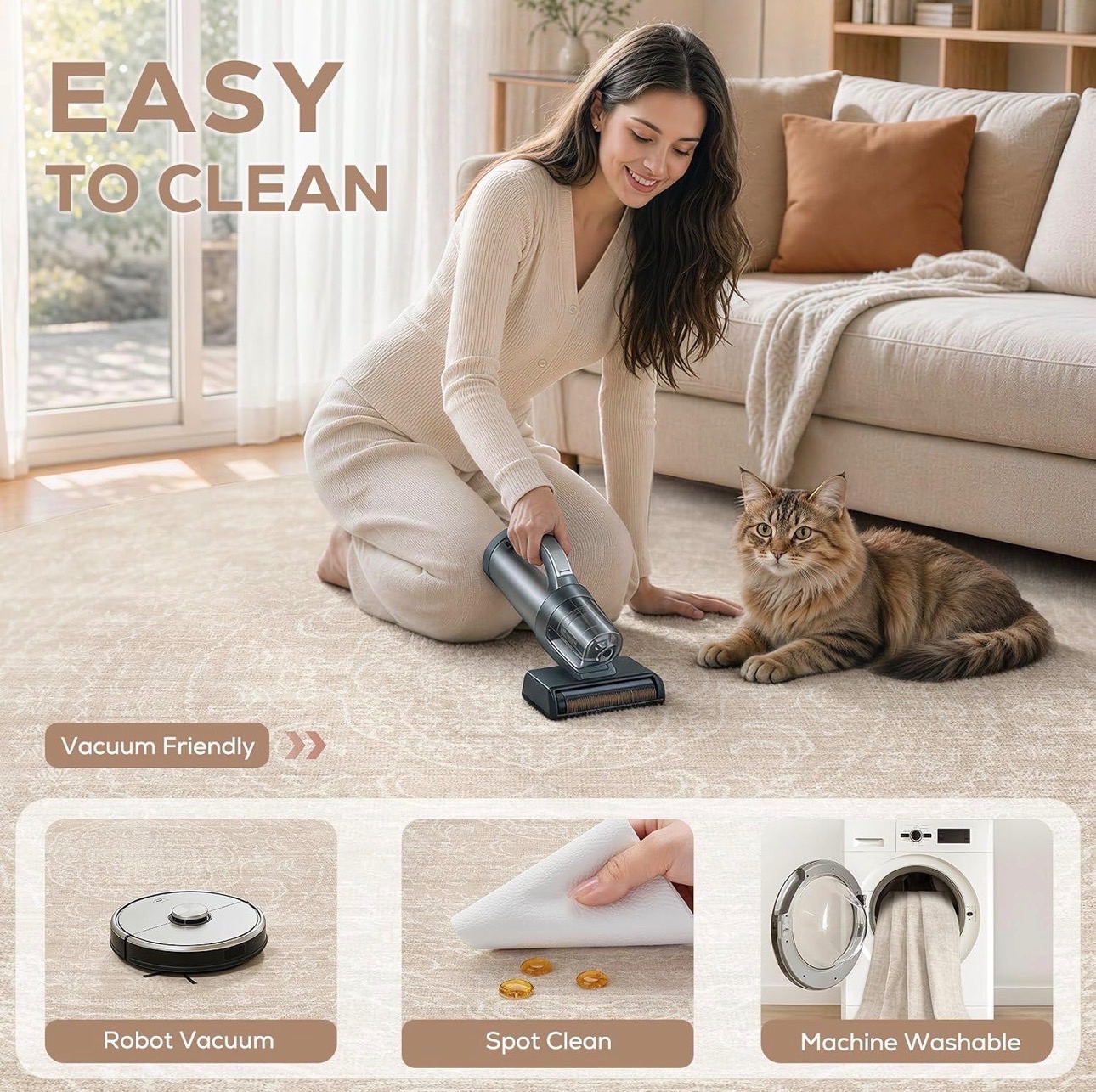 Neutral 12x15' Area Rug Washable Soft Low-pile Carpet - photo 4
