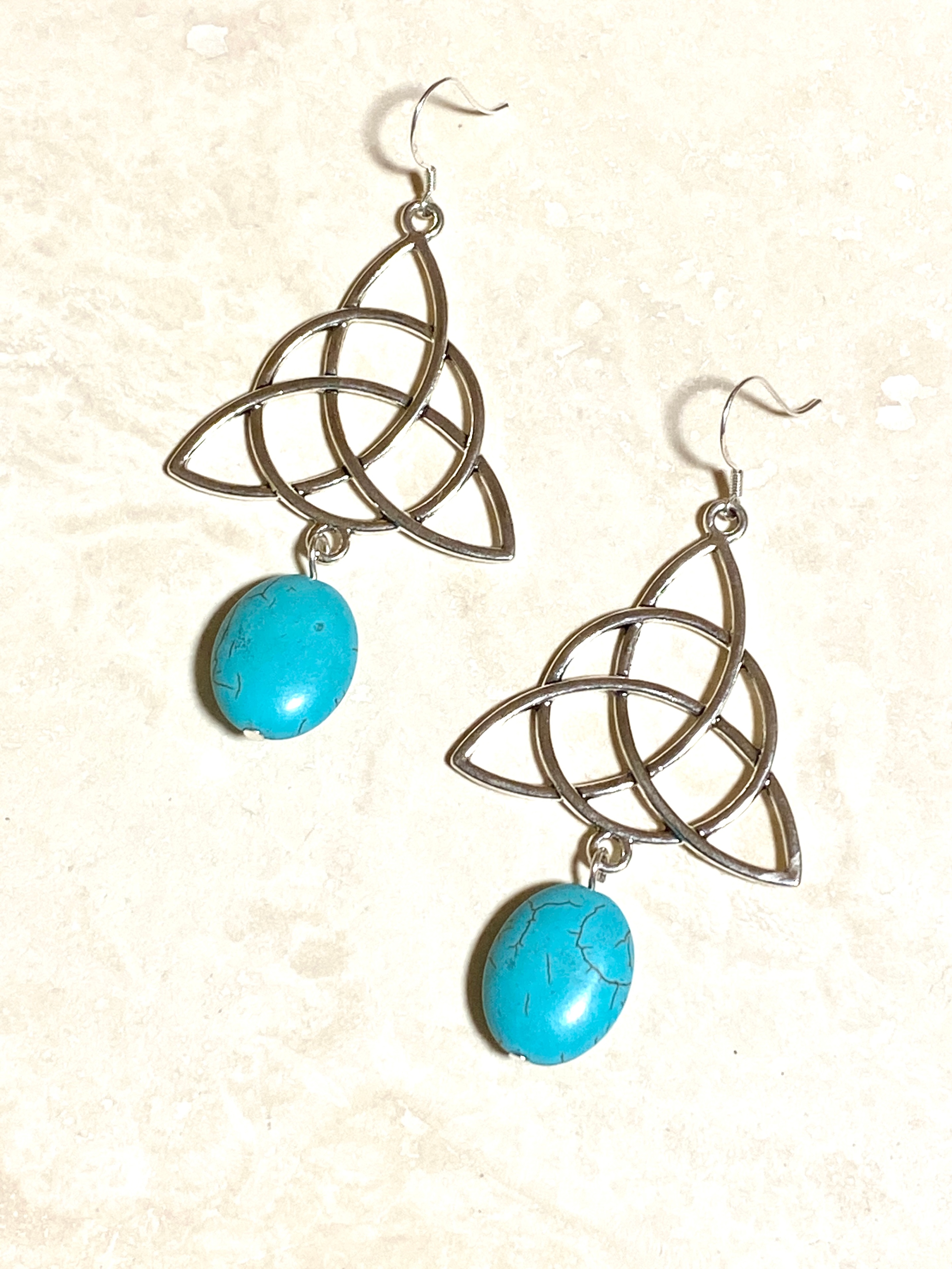 Blue Dyed Howlite Celtic Trinity Earrings, 925 Silver Hooks - photo 2