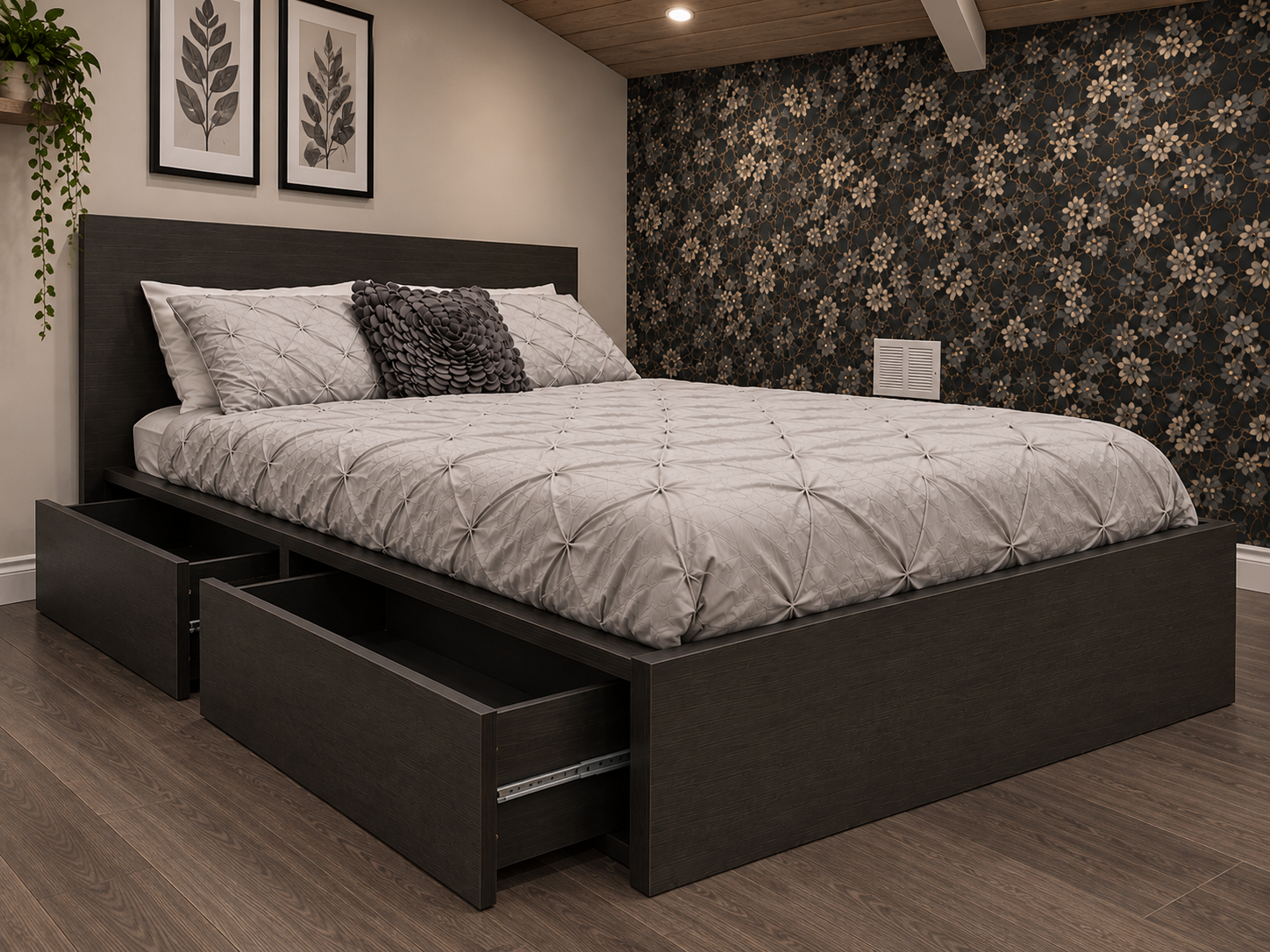 IKEA MALM Queen Bed Frame with 4 Storage Boxes - Dark Brown