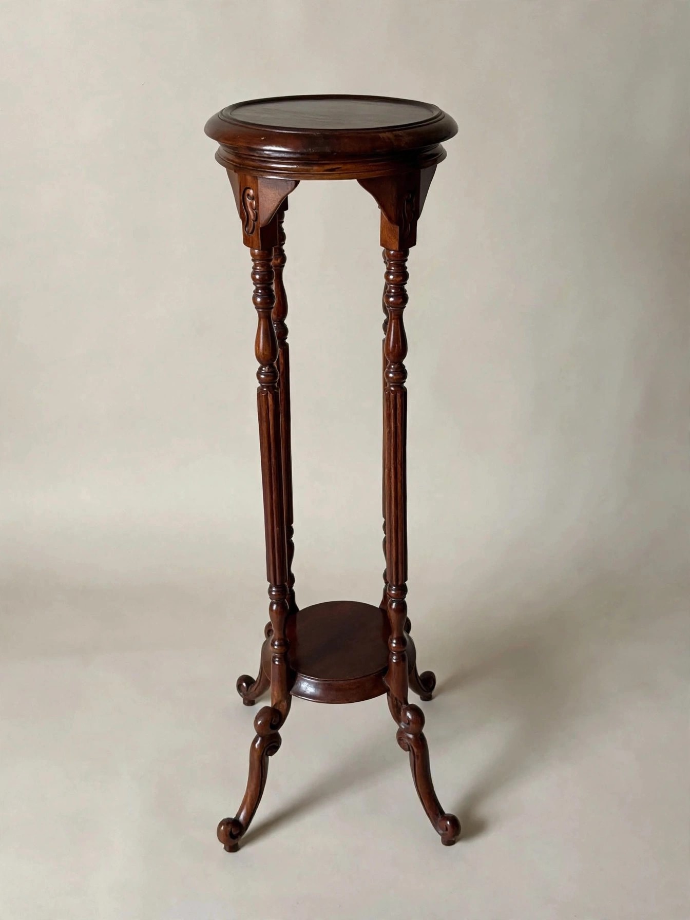 Victorian Mahogany Plant Stand, Turned Fluted Legs, Shelf - photo 2