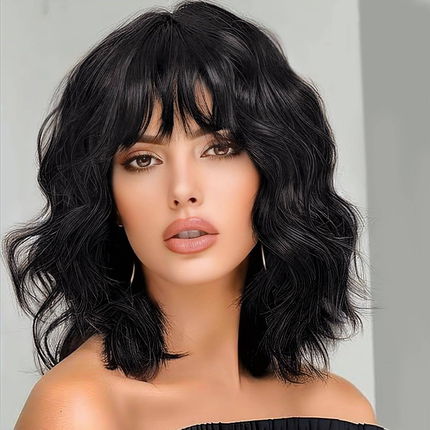 NEW~ Black Short Wavy Bob Wig with Bangs – 14"
