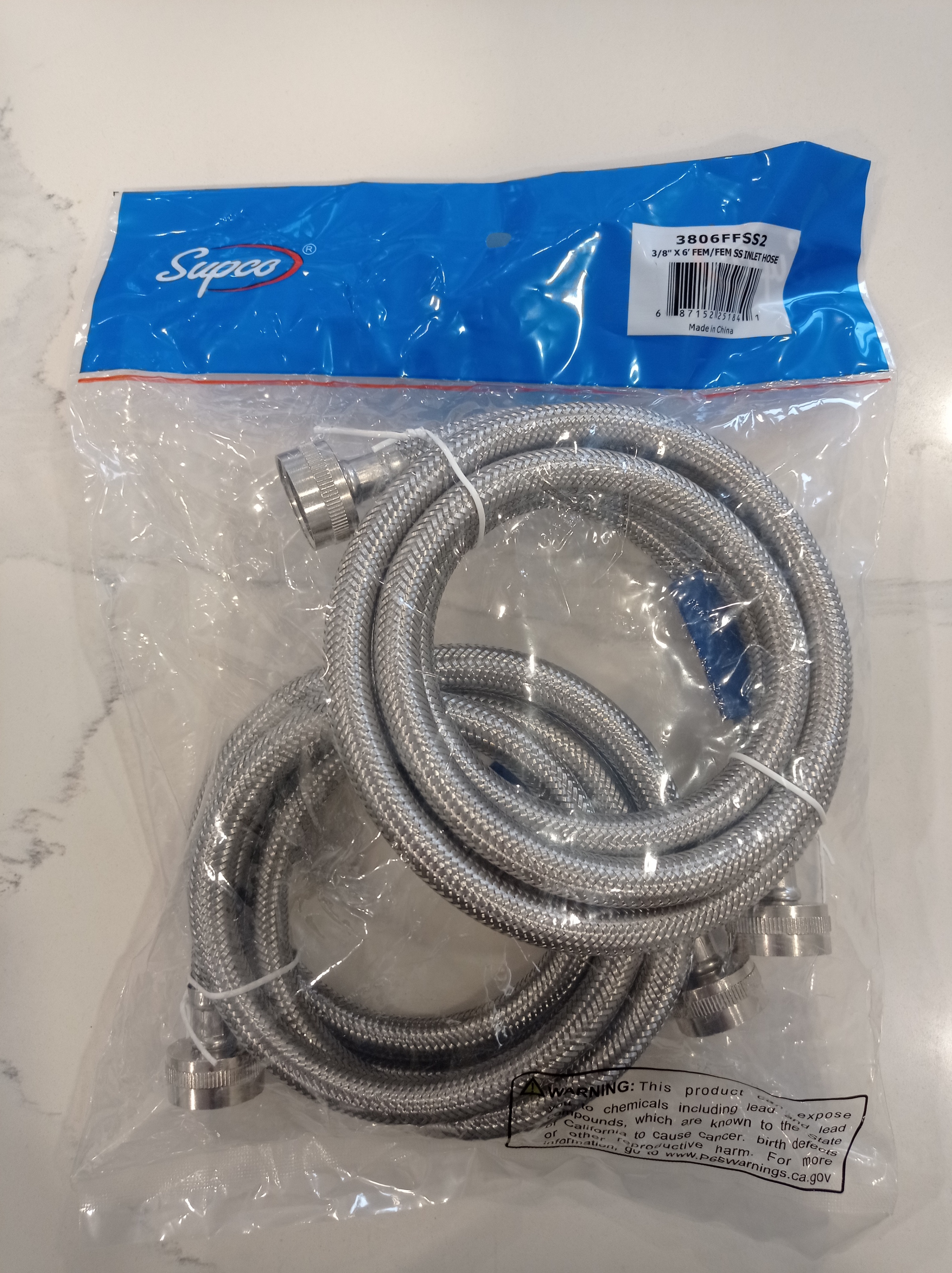 New Supco Stainless Steel Washer Inlet Hoses 2pc (6ft each)