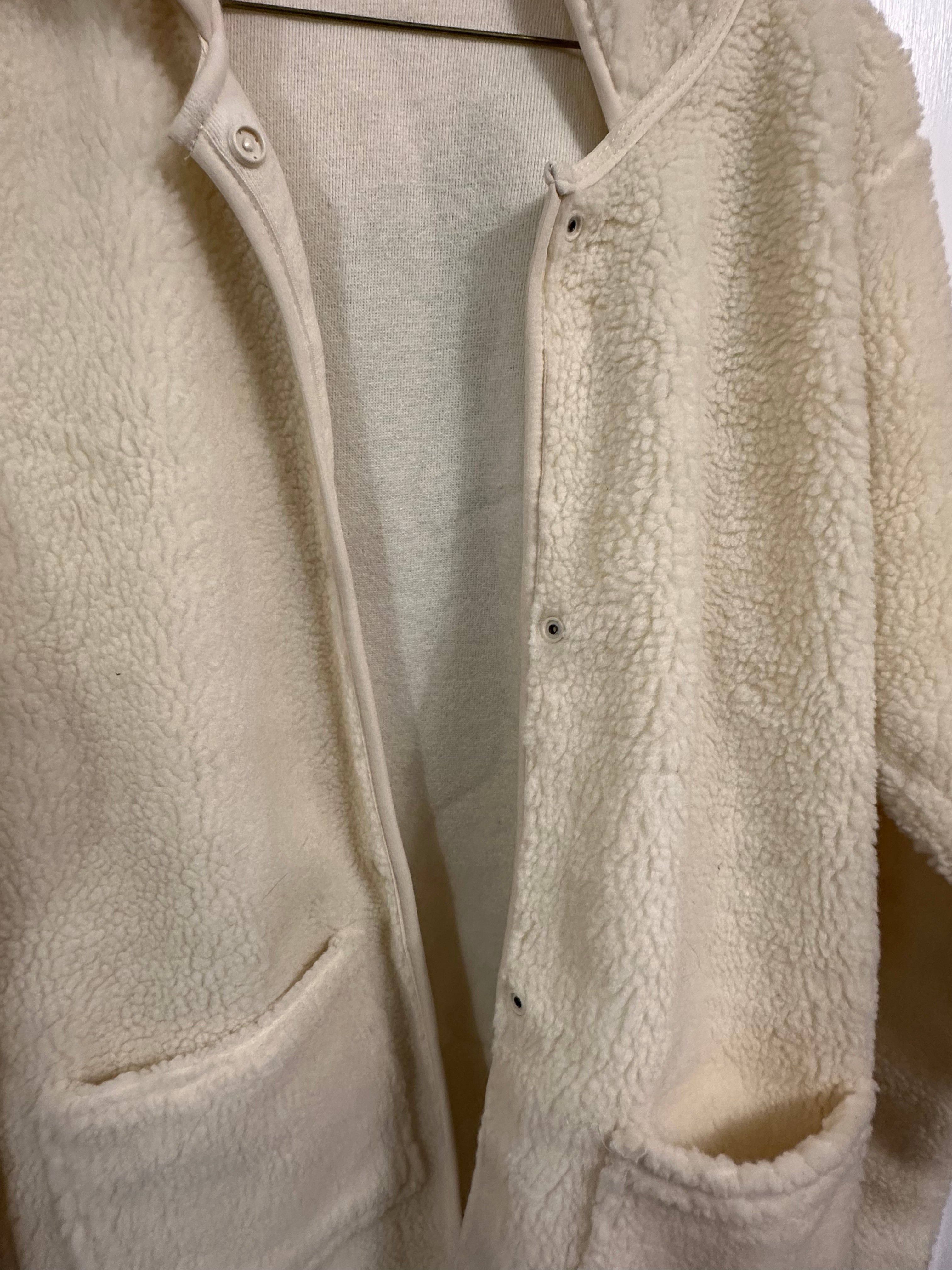 Women’s Long Pile Fleece Jacket • Cream Off-White Hooded Coat - photo 5
