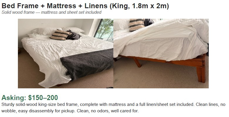 King Size Bed Frame, Mattress, and Linens (1.8m x 2m)