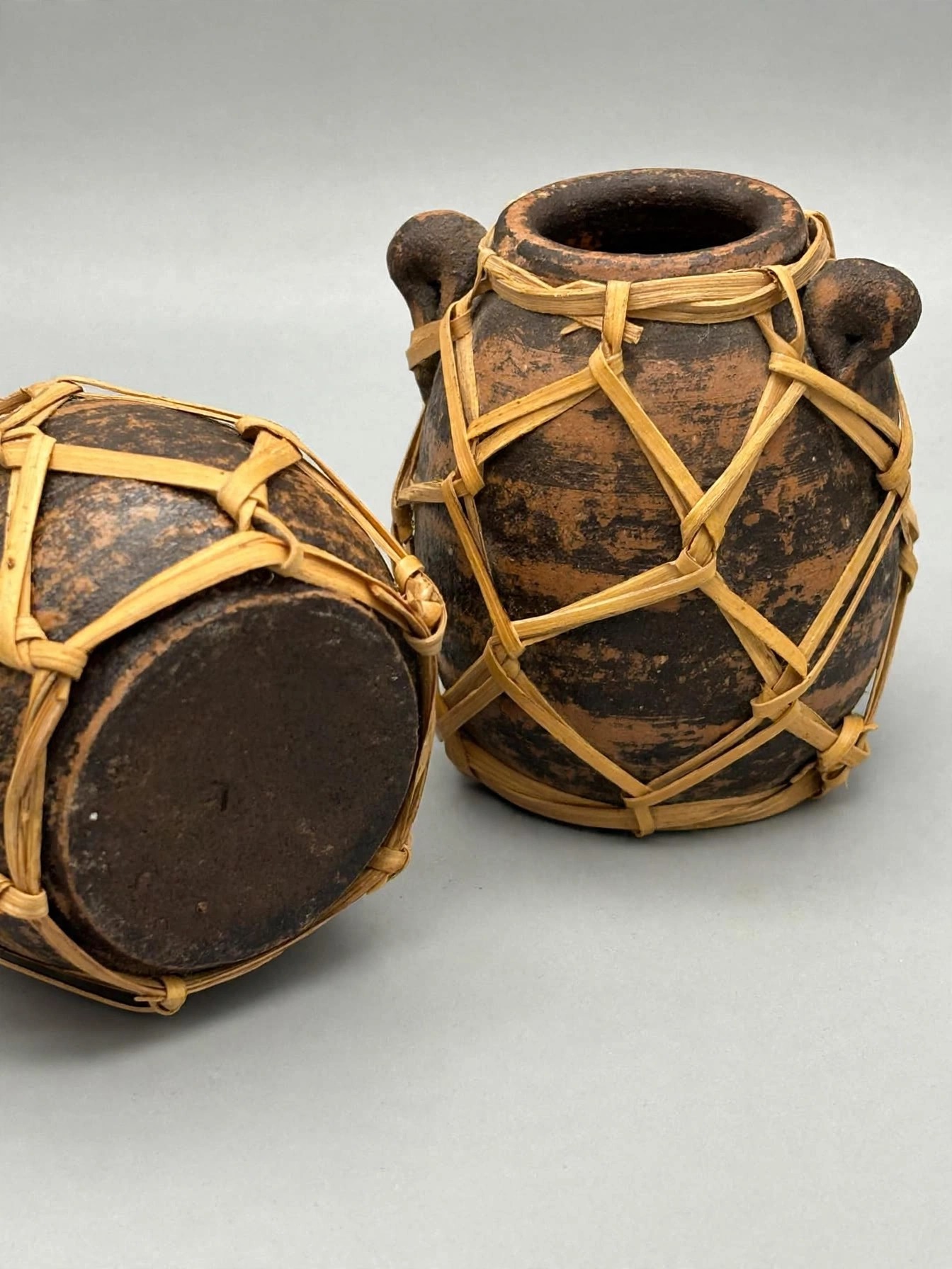 Pair Rustic Pottery Jars Woven Wicker Casing Vases - photo 4