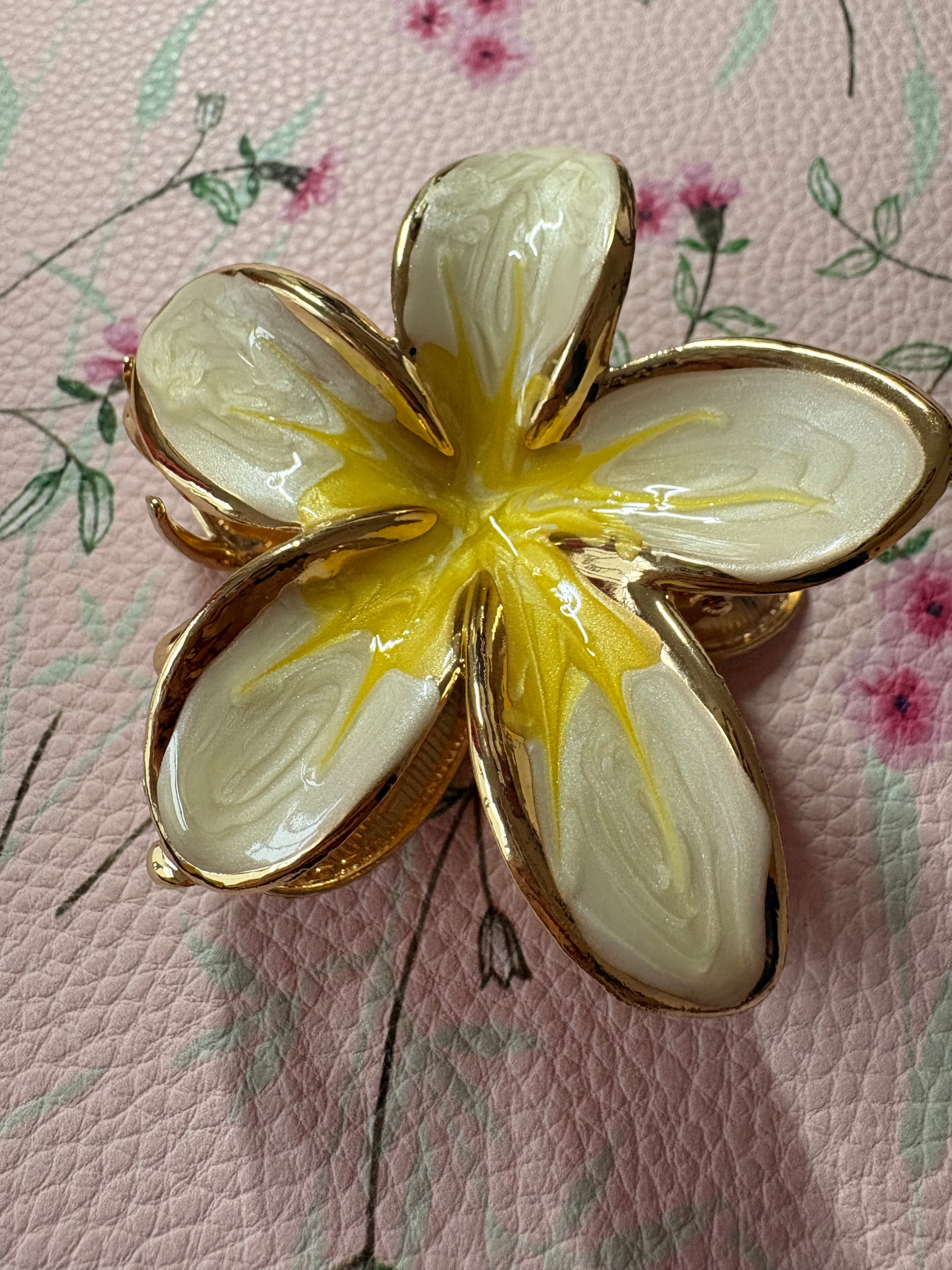 White & Yellow Plumeria Flower Hair Clip – Gold-Tone Trim