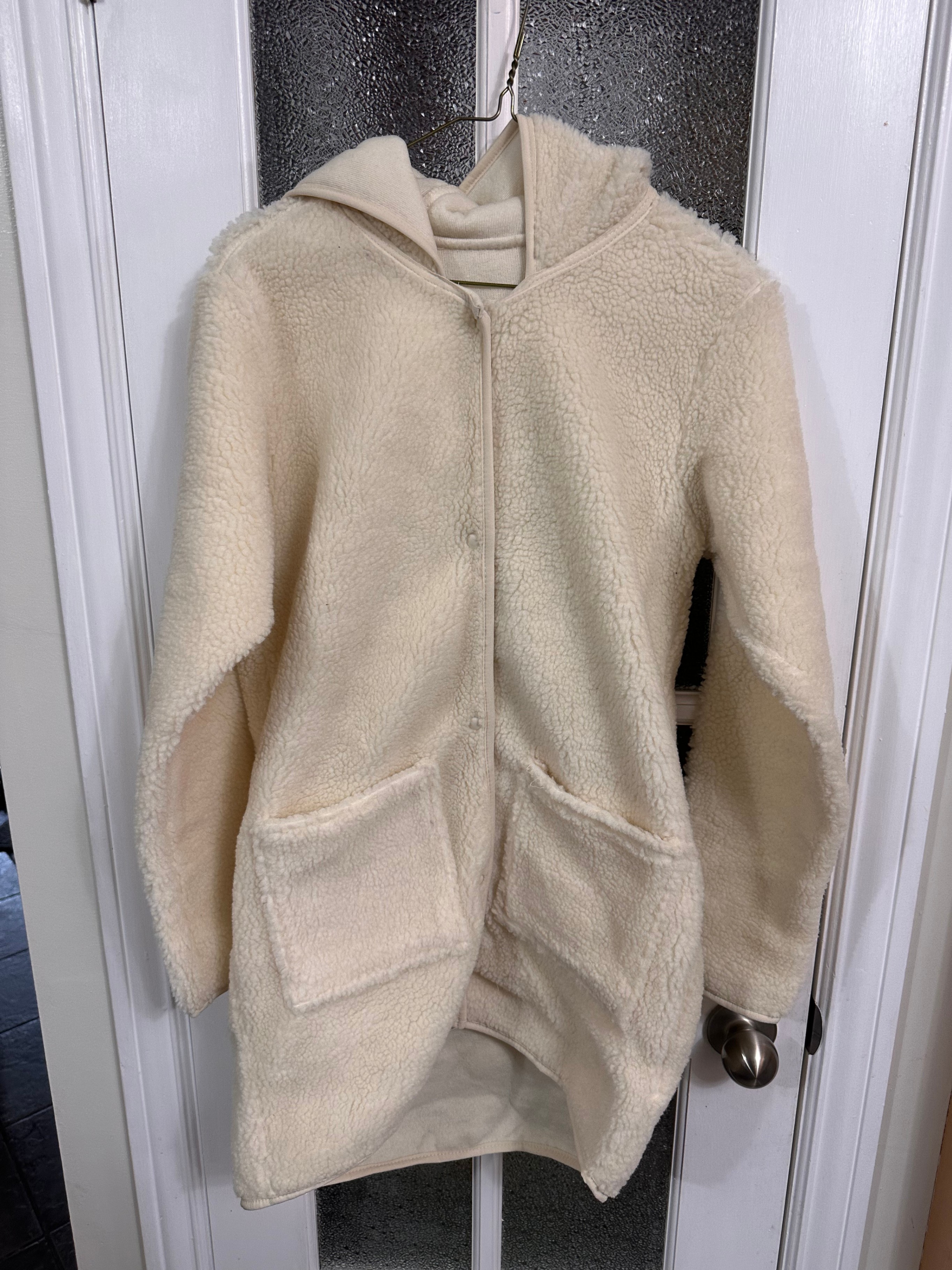 Women’s Long Pile Fleece Jacket • Cream Off-White Hooded Coat