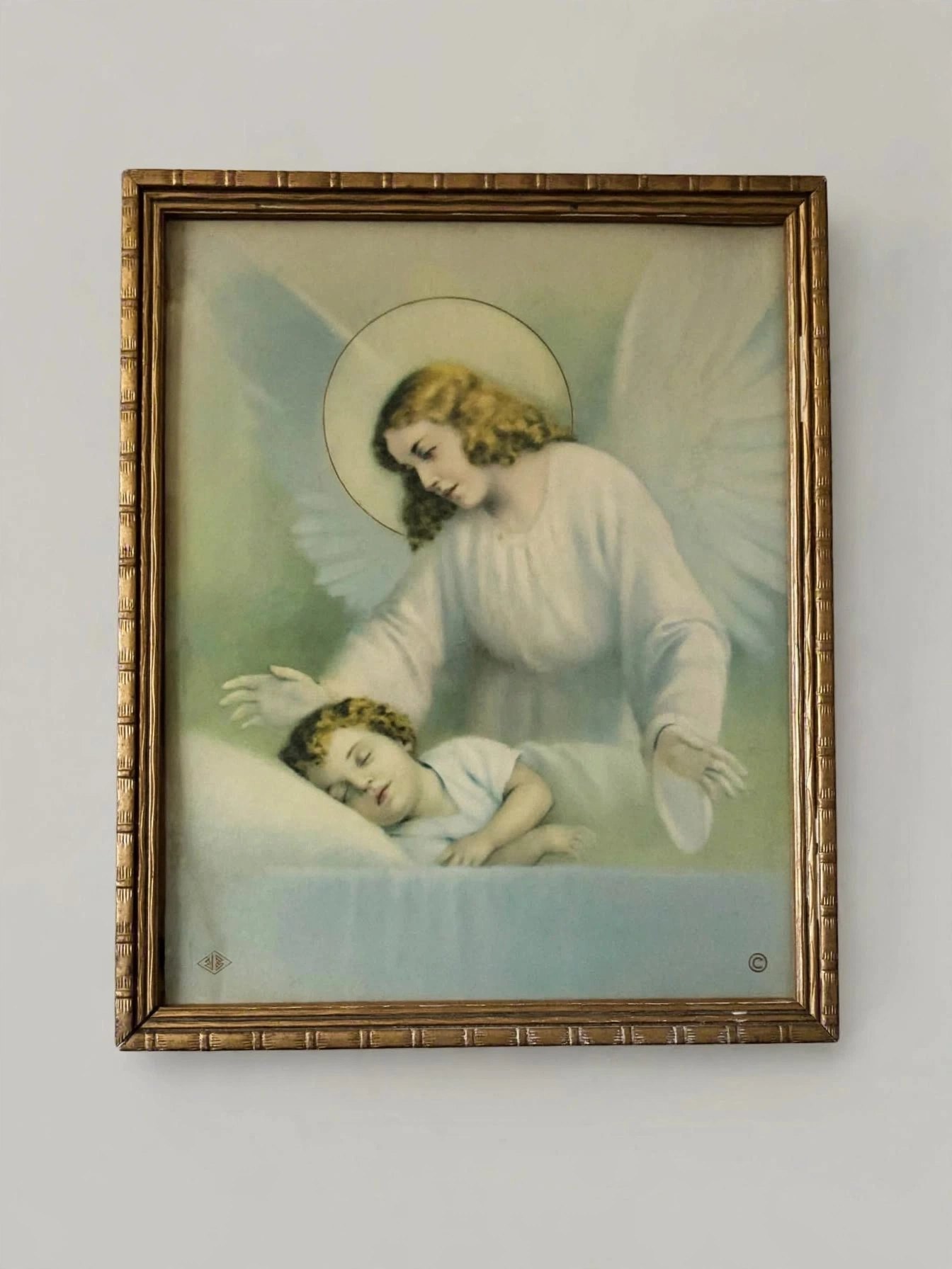 Vintage Guardian Angel Watching Sleeping Child Framed Print - photo 4