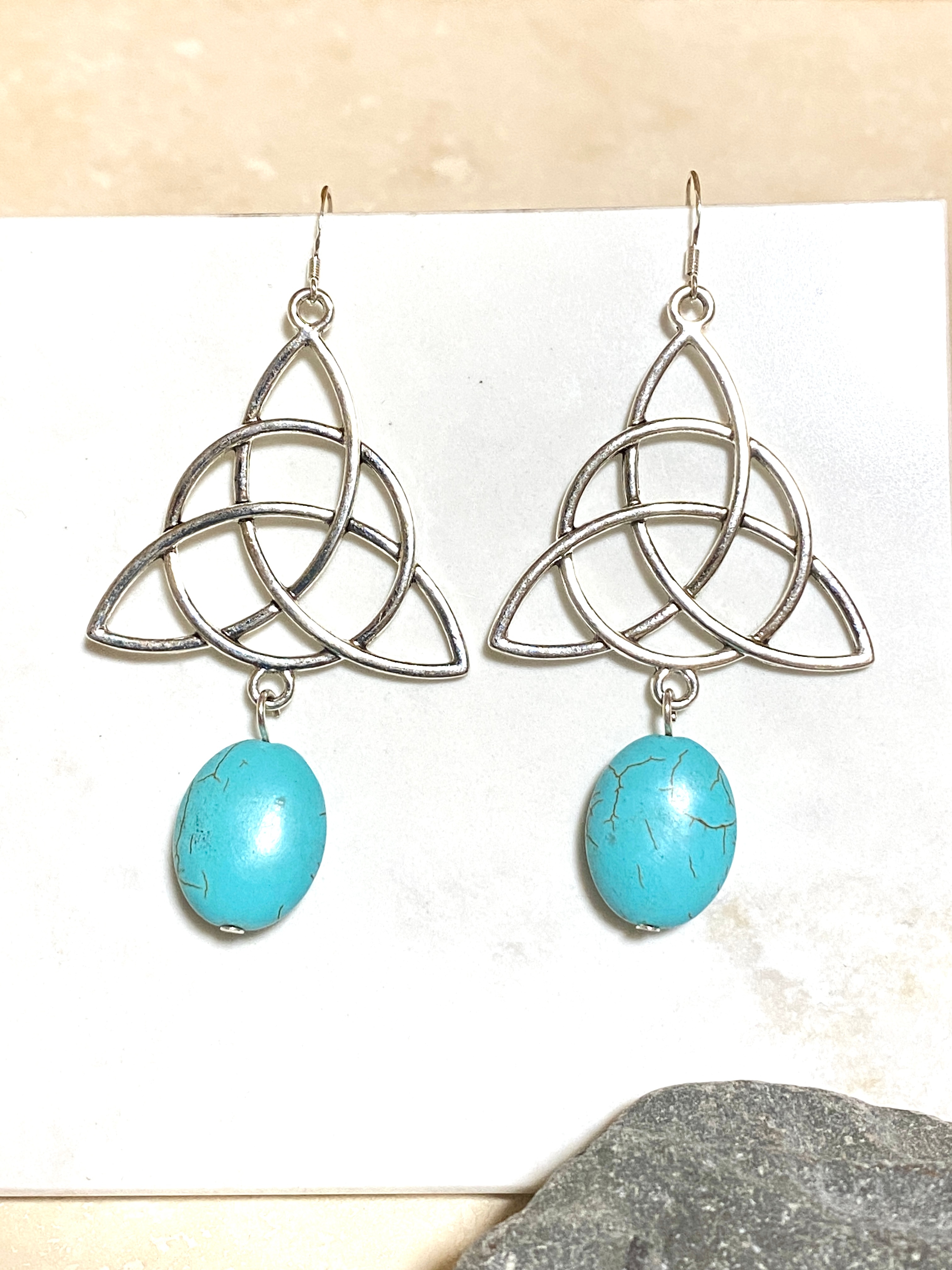 Blue Dyed Howlite Celtic Trinity Earrings, 925 Silver Hooks