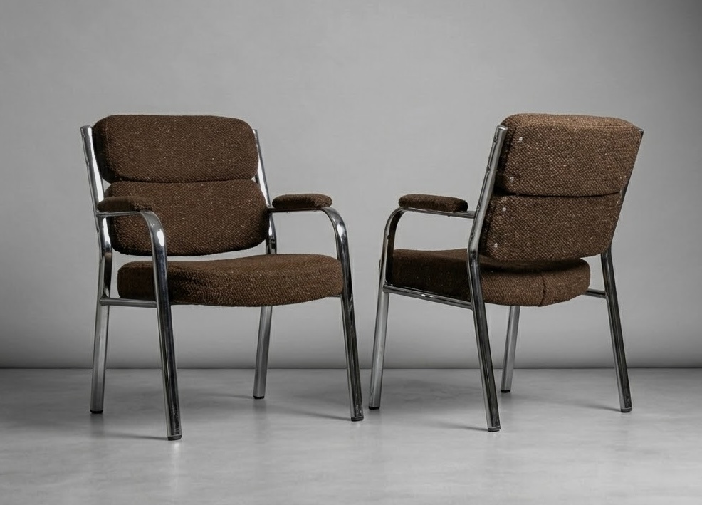 1970s Chrome & Brown Tweed MCM Armchair