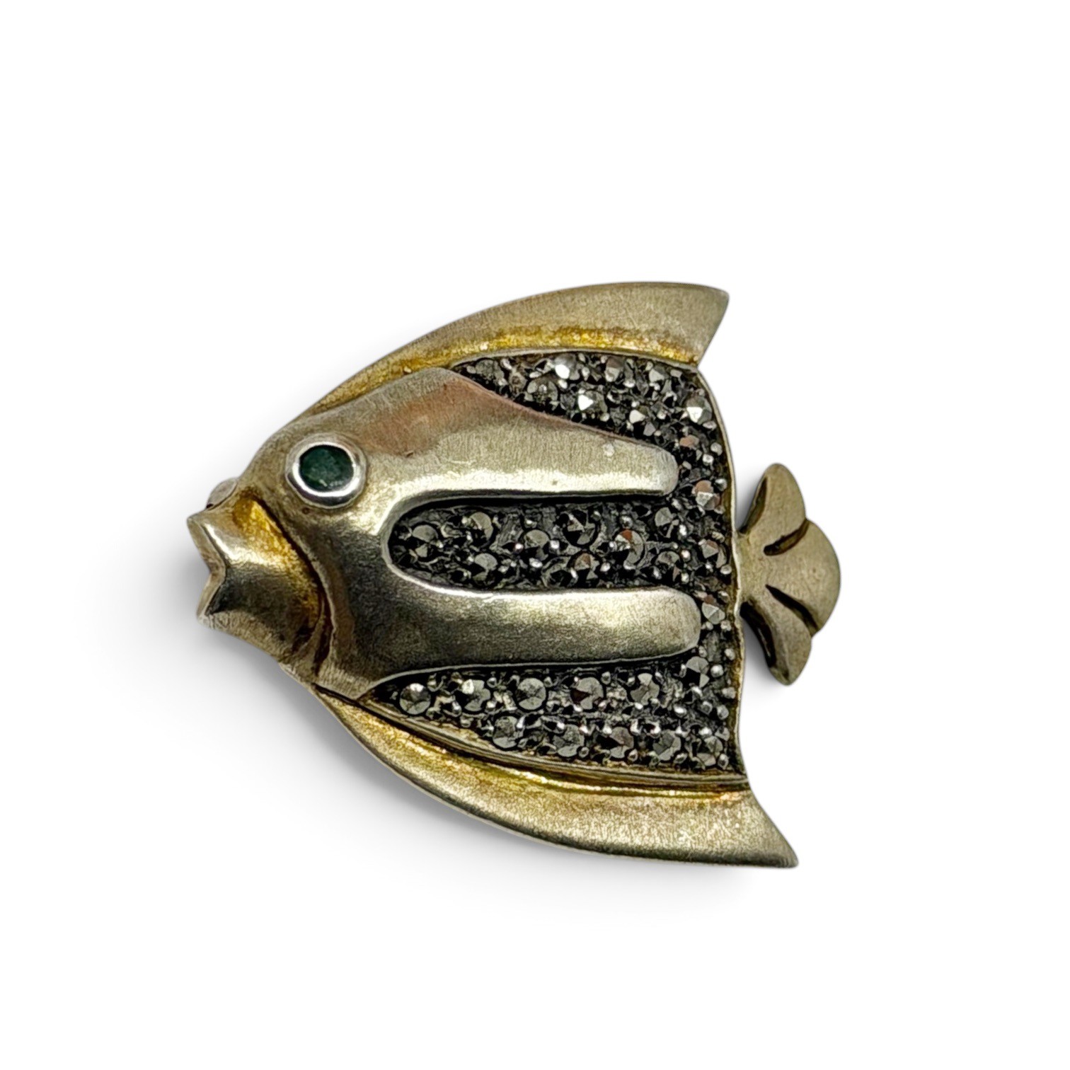 Gold vermeil sterling silver emerald marcasite fish brooch - photo 2