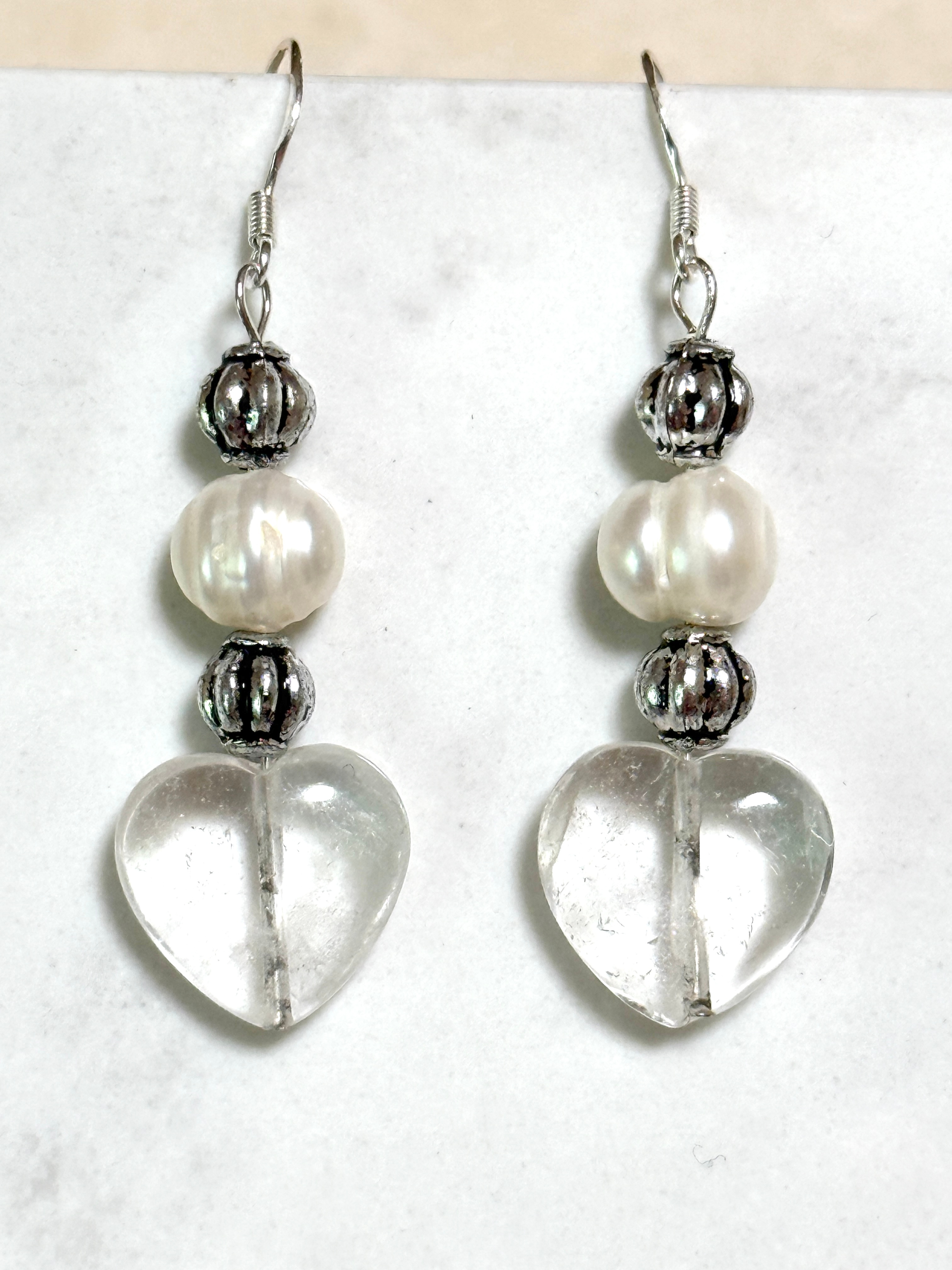 Clear Quartz & Pearl Stone Heart 925 Silver Hook Earrings