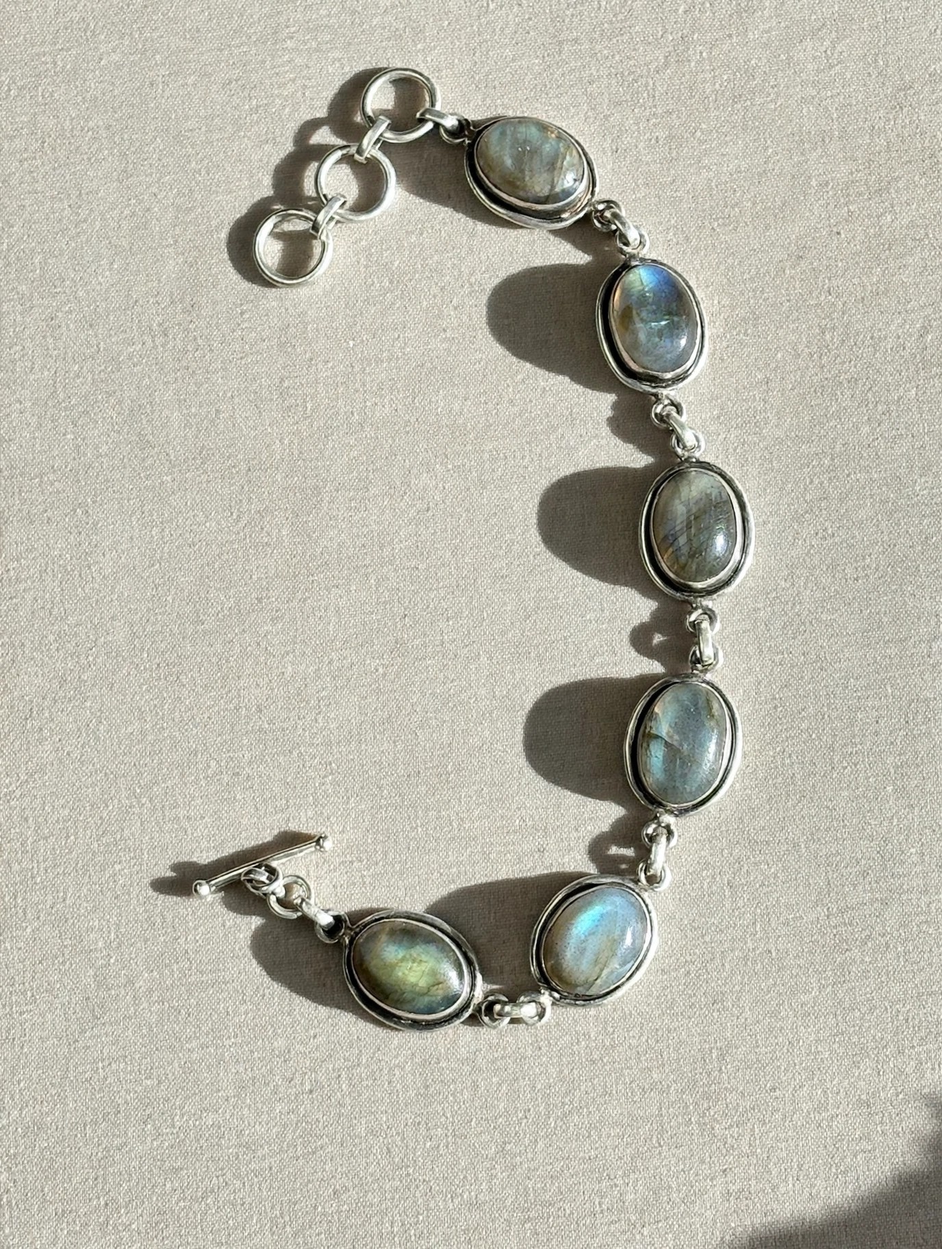 925 Sterling Silver Labradorite Oval Link Bracelet Toggle Clasp - photo 4